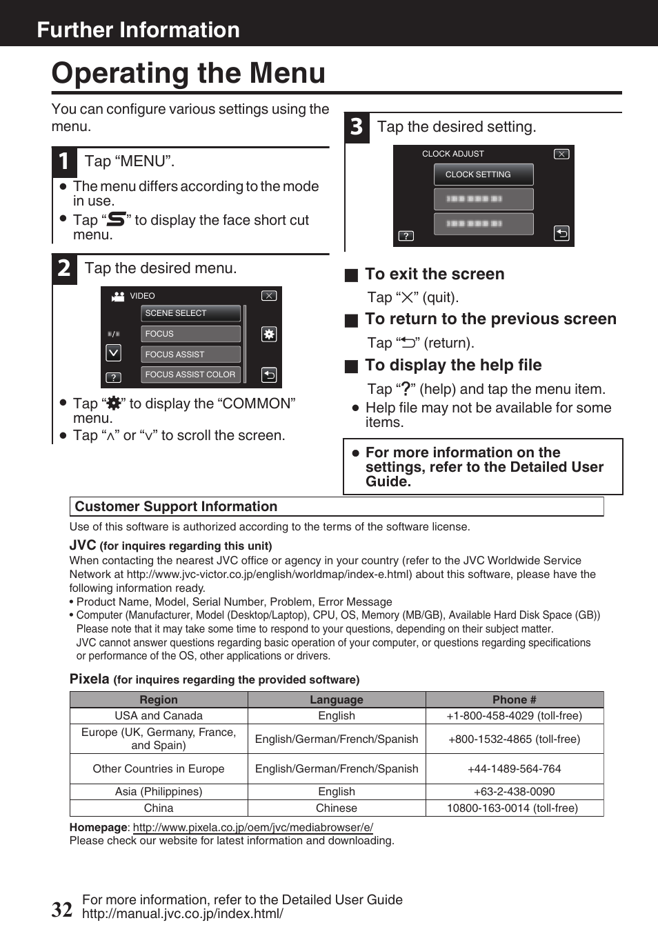 Further information, Operating the menu, Menu button (p. 32) | Help button (p. 32), Menu items (p. 32), Further information 32 | JVC EVERIO GZ-HM960U User Manual | Page 32 / 120