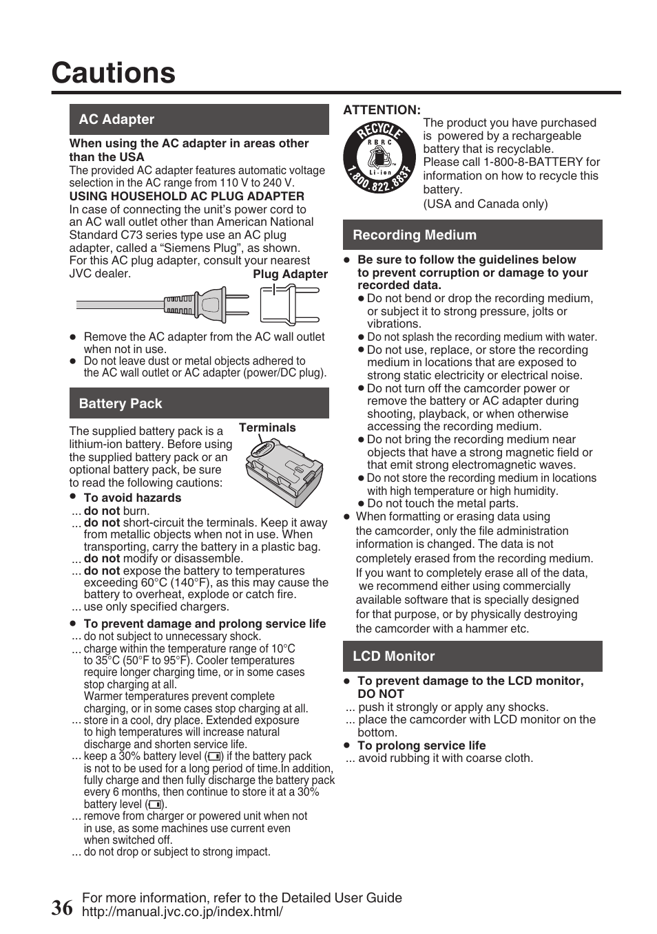 Cautions | JVC EVERIO GZ-HM960U User Manual | Page 36 / 120