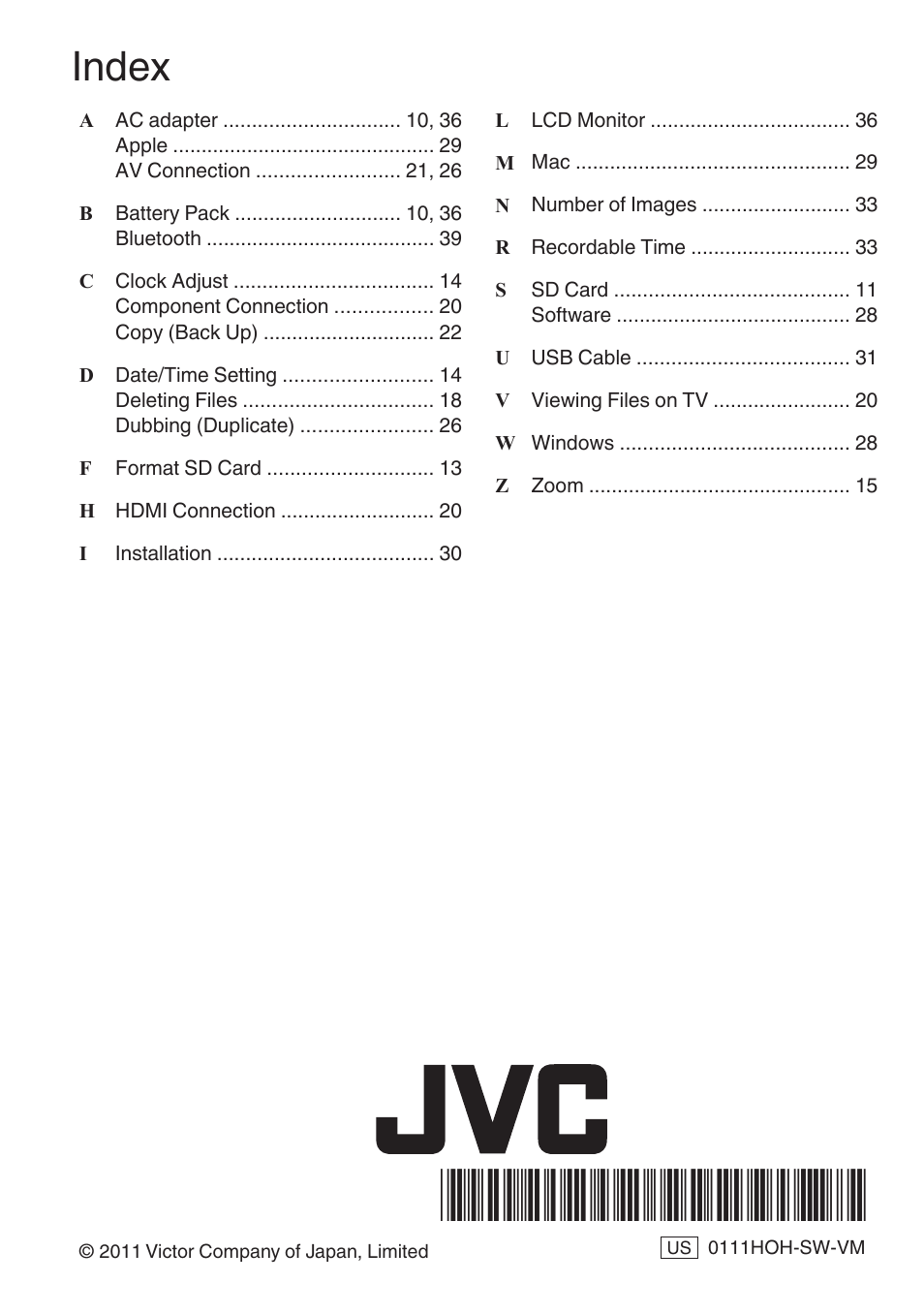 Index | JVC EVERIO GZ-HM960U User Manual | Page 40 / 120