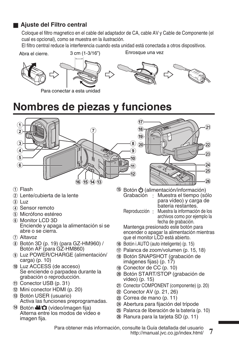 Nombres de piezas y funciones | JVC EVERIO GZ-HM960U User Manual | Page 47 / 120