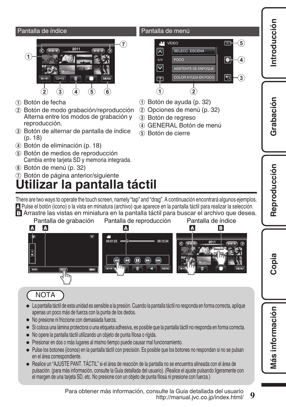 Utilizar la pantalla táctil, Como las pantallas táctiles. (p. 9) | JVC EVERIO GZ-HM960U User Manual | Page 49 / 120