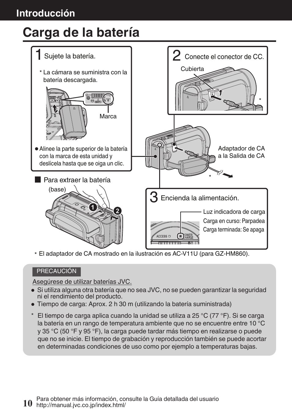 Introducción, Carga de la batería, Carga) (p. 10) | Conector de cc (p. 10), P. 10, Introducción 10 | JVC EVERIO GZ-HM960U User Manual | Page 50 / 120