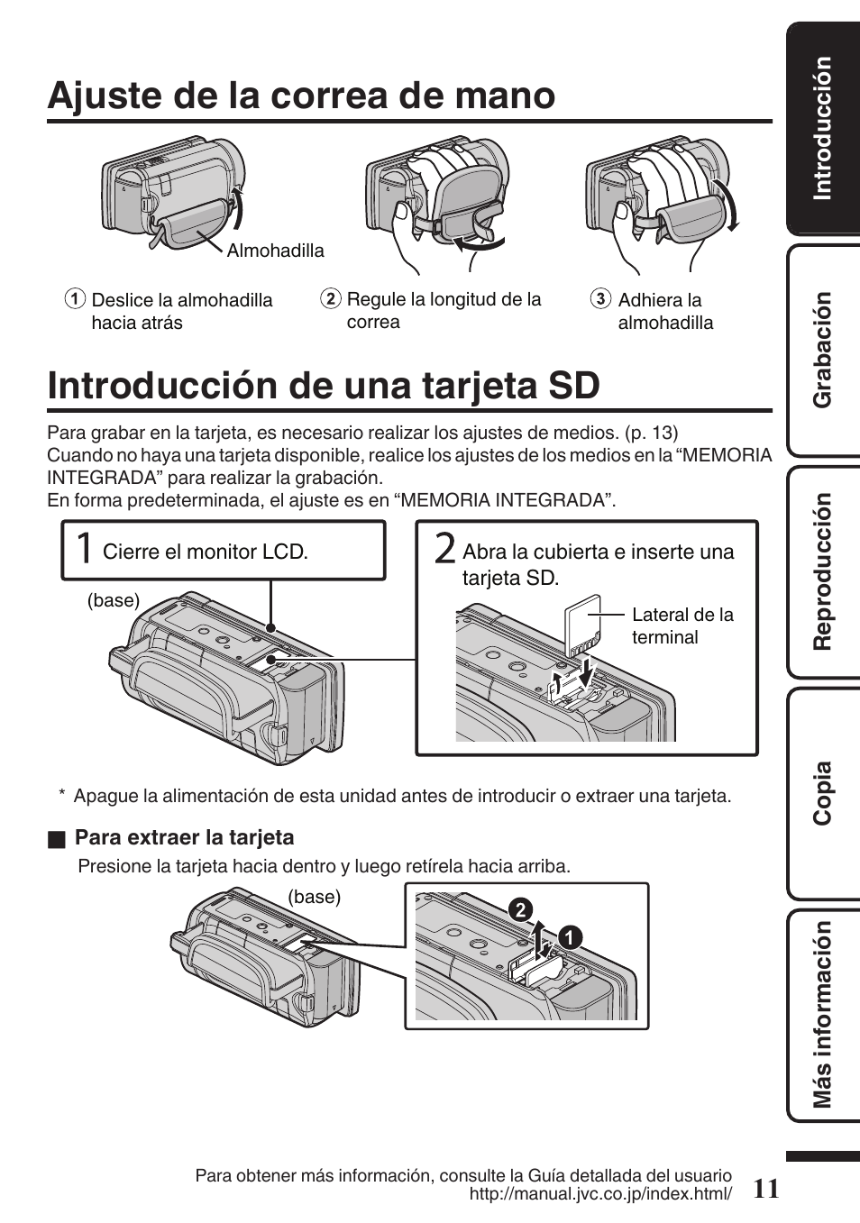 Ajuste de la correa de mano, Introducción de una tarjeta sd, Correa de mano (p. 11) | P. 11) | JVC EVERIO GZ-HM960U User Manual | Page 51 / 120