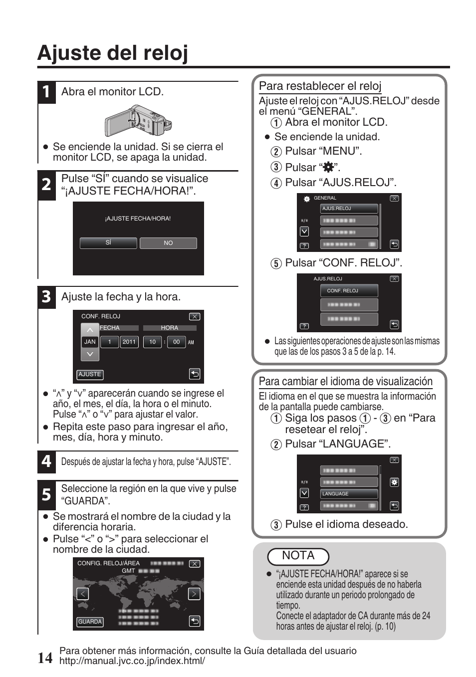 Ajuste del reloj | JVC EVERIO GZ-HM960U User Manual | Page 54 / 120