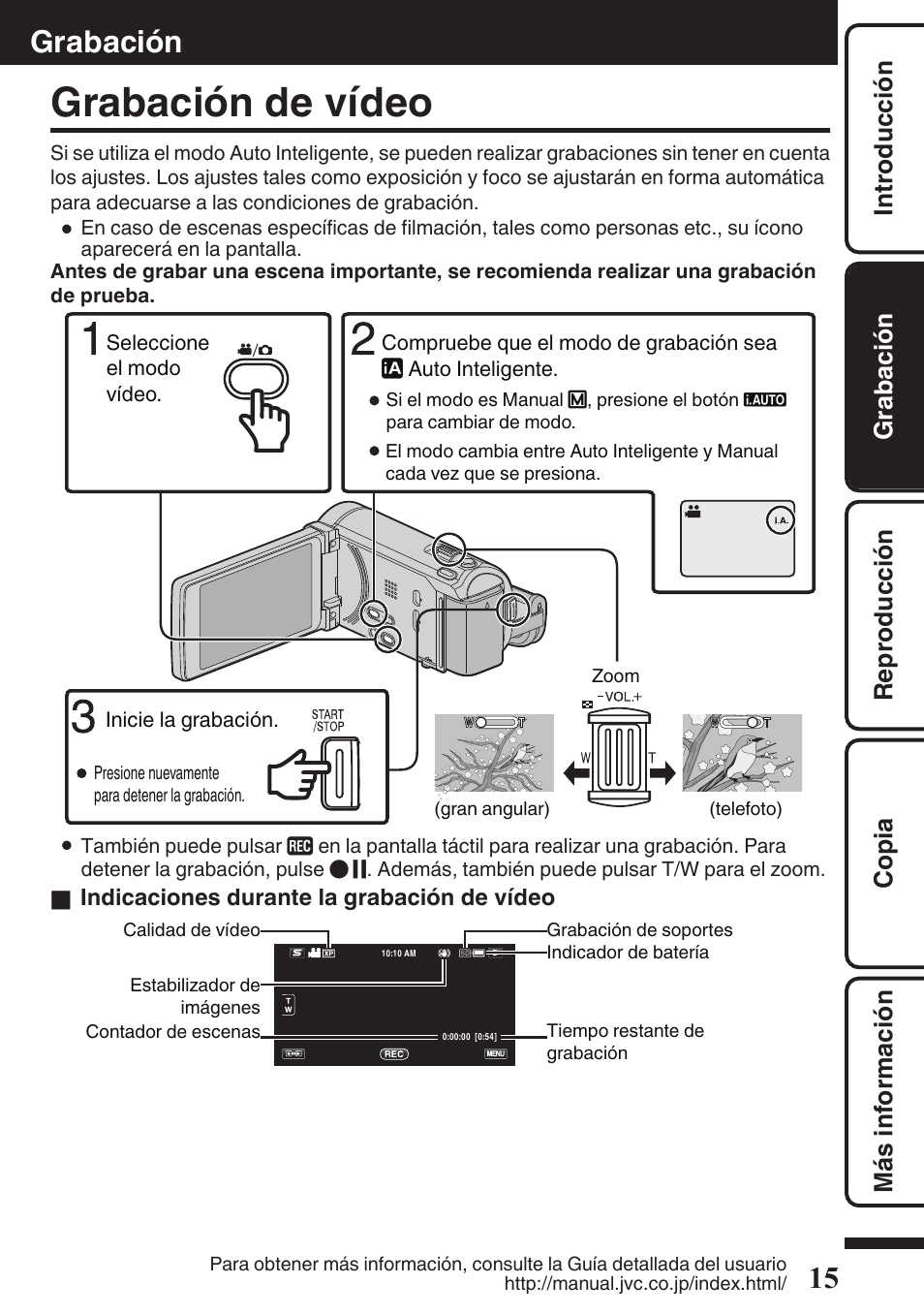 Grabación, Grabación de vídeo, Botón i.auto (auto inteligente) (p. 15 | P. 15, Vídeo) (p. 15), P. 15, 17) | JVC EVERIO GZ-HM960U User Manual | Page 55 / 120