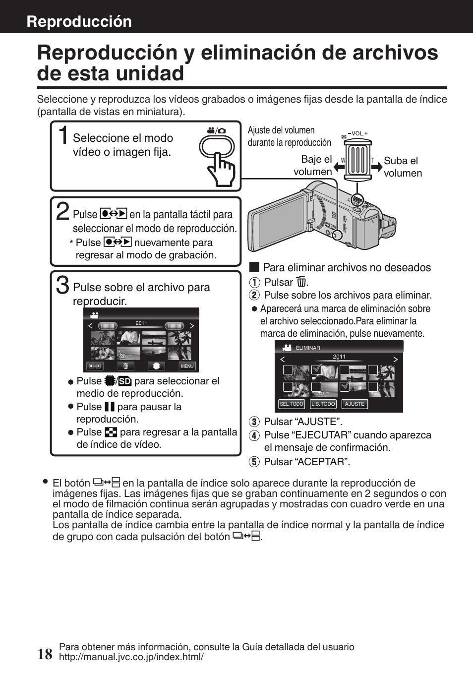 Reproducción, Reproducción y eliminación de archivos, De esta unidad | Botón de pantalla de índice (p. 18), P. 18), Botón de eliminación (p. 18), Reproducción 18 | JVC EVERIO GZ-HM960U User Manual | Page 58 / 120