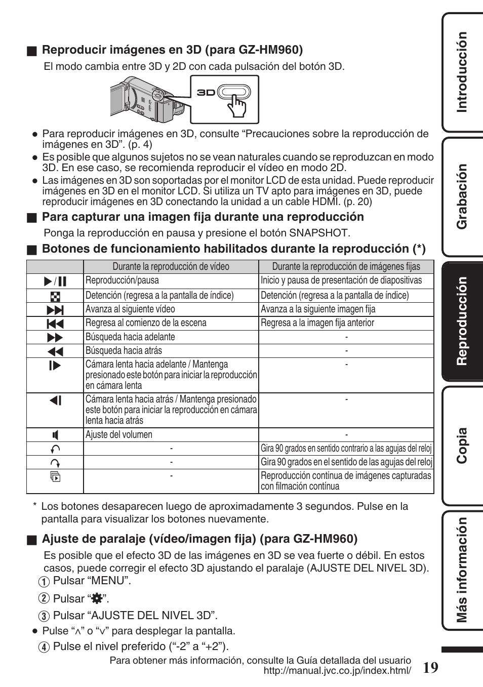 Botón 3d (p. 19) (para gz-hm960), P. 19), Botones de funcionamiento (p. 19) | JVC EVERIO GZ-HM960U User Manual | Page 59 / 120