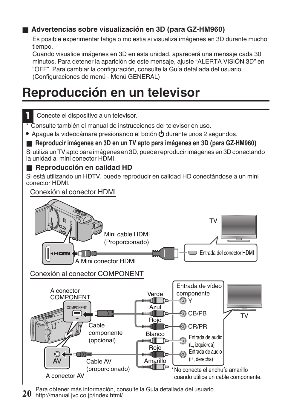 Reproducción en un televisor, Mini conector hdmi (p. 20), P. 20) | JVC EVERIO GZ-HM960U User Manual | Page 60 / 120