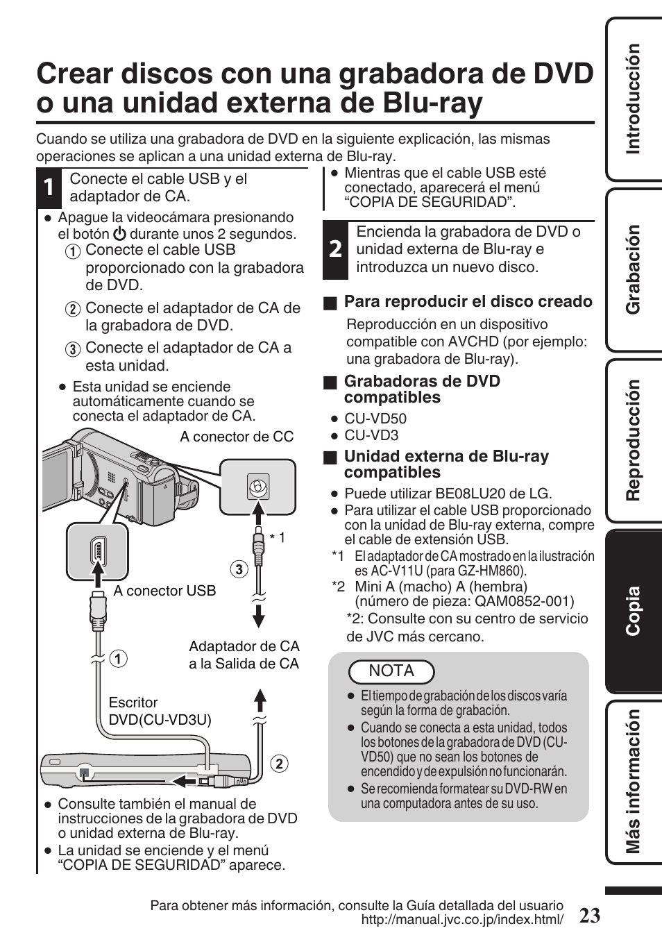 Crear discos con una grabadora de dvd, O una unidad externa de blu-ray, P. 23 | JVC EVERIO GZ-HM960U User Manual | Page 63 / 120