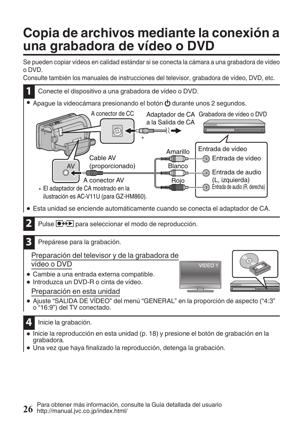 Copia de archivos mediante la conexión a, Una grabadora de vídeo o dvd, P. 26 | JVC EVERIO GZ-HM960U User Manual | Page 66 / 120