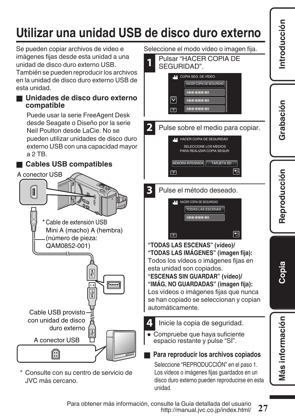 Utilizar una unidad usb de disco duro externo, Utilizar una unidad usb de disco duro, Externo | P. 27 | JVC EVERIO GZ-HM960U User Manual | Page 67 / 120