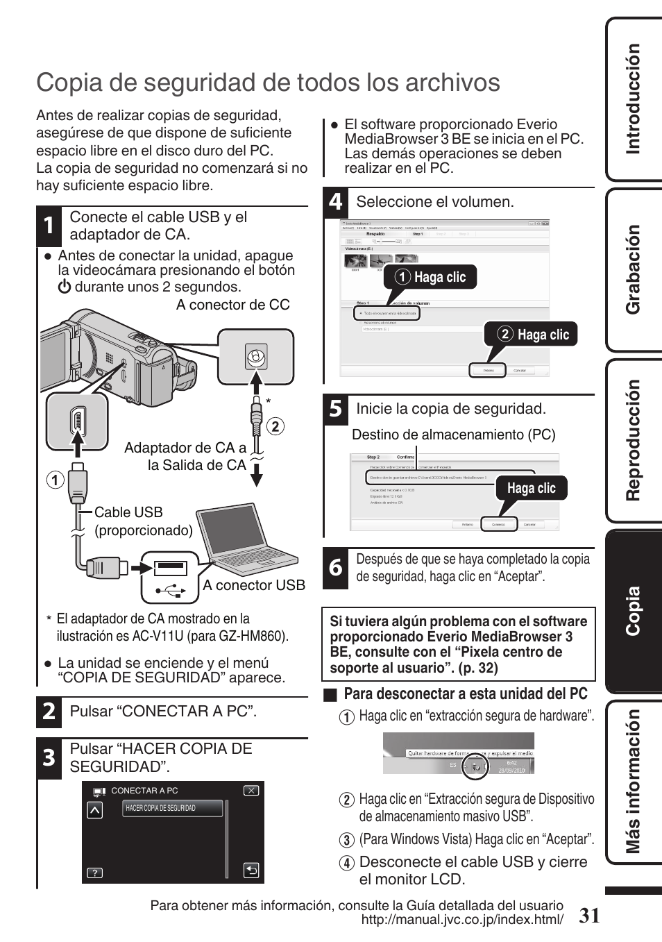 Copia de seguridad de todos los archivos, Conector usb (p. 31) | JVC EVERIO GZ-HM960U User Manual | Page 71 / 120