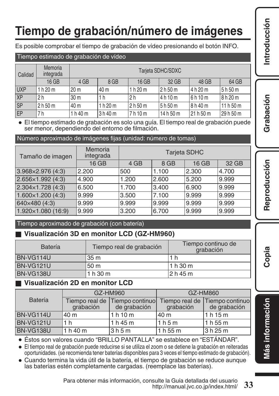 Tiempo de grabación/número de imágenes, Tiempo de grabación/número de, Imágenes | JVC EVERIO GZ-HM960U User Manual | Page 73 / 120