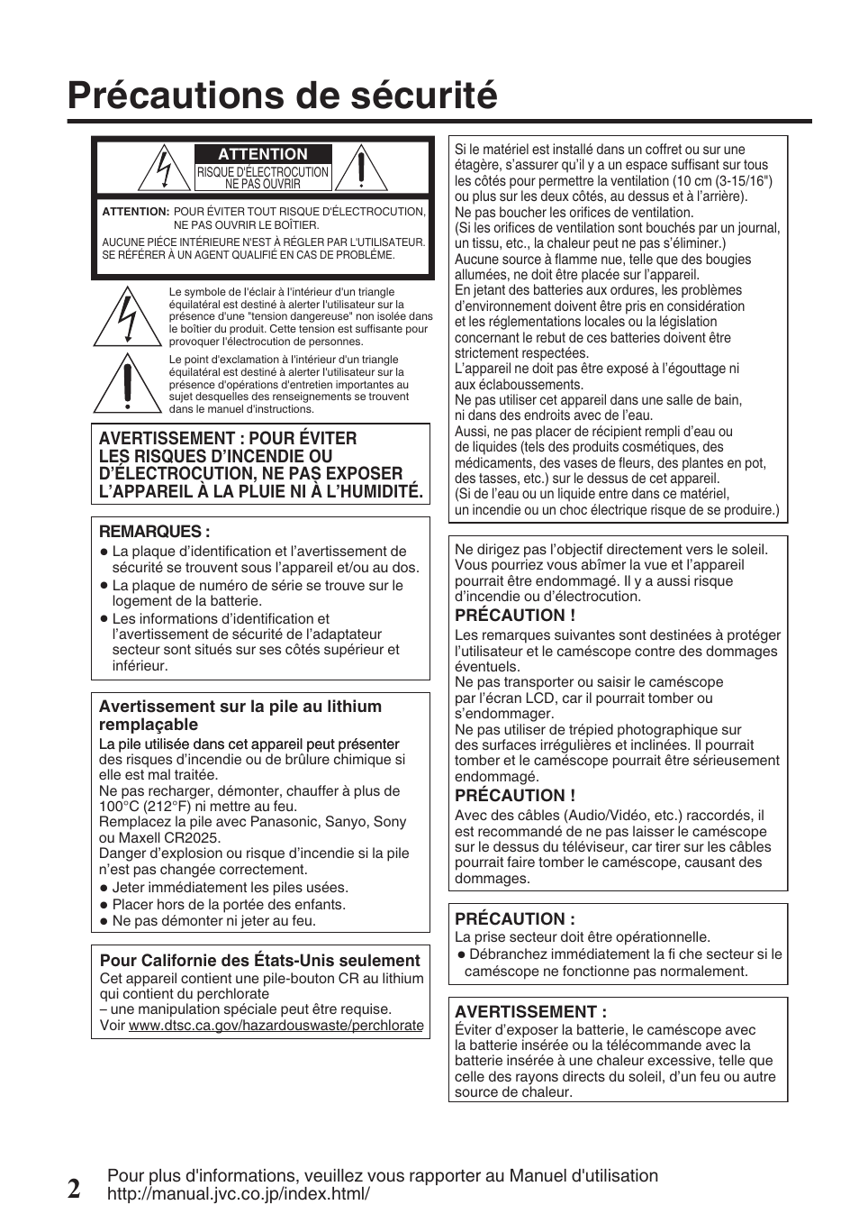 Précautions de sécurité | JVC EVERIO GZ-HM960U User Manual | Page 82 / 120