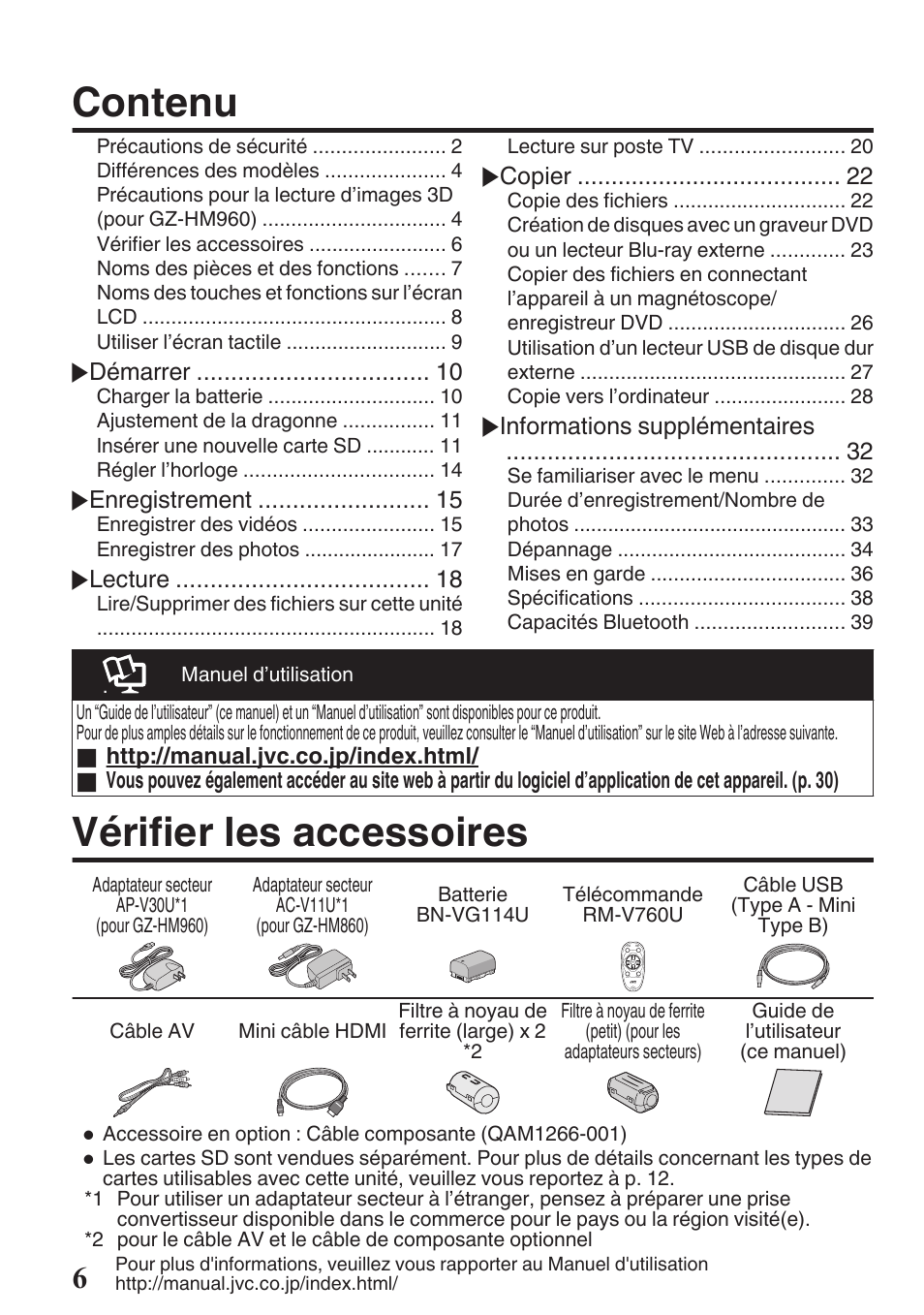 Vérifier les accessoires, Contenu | JVC EVERIO GZ-HM960U User Manual | Page 86 / 120