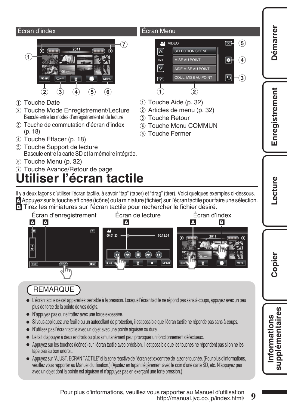 Utiliser l’écran tactile, Des écrans tactiles. (p. 9) | JVC EVERIO GZ-HM960U User Manual | Page 89 / 120