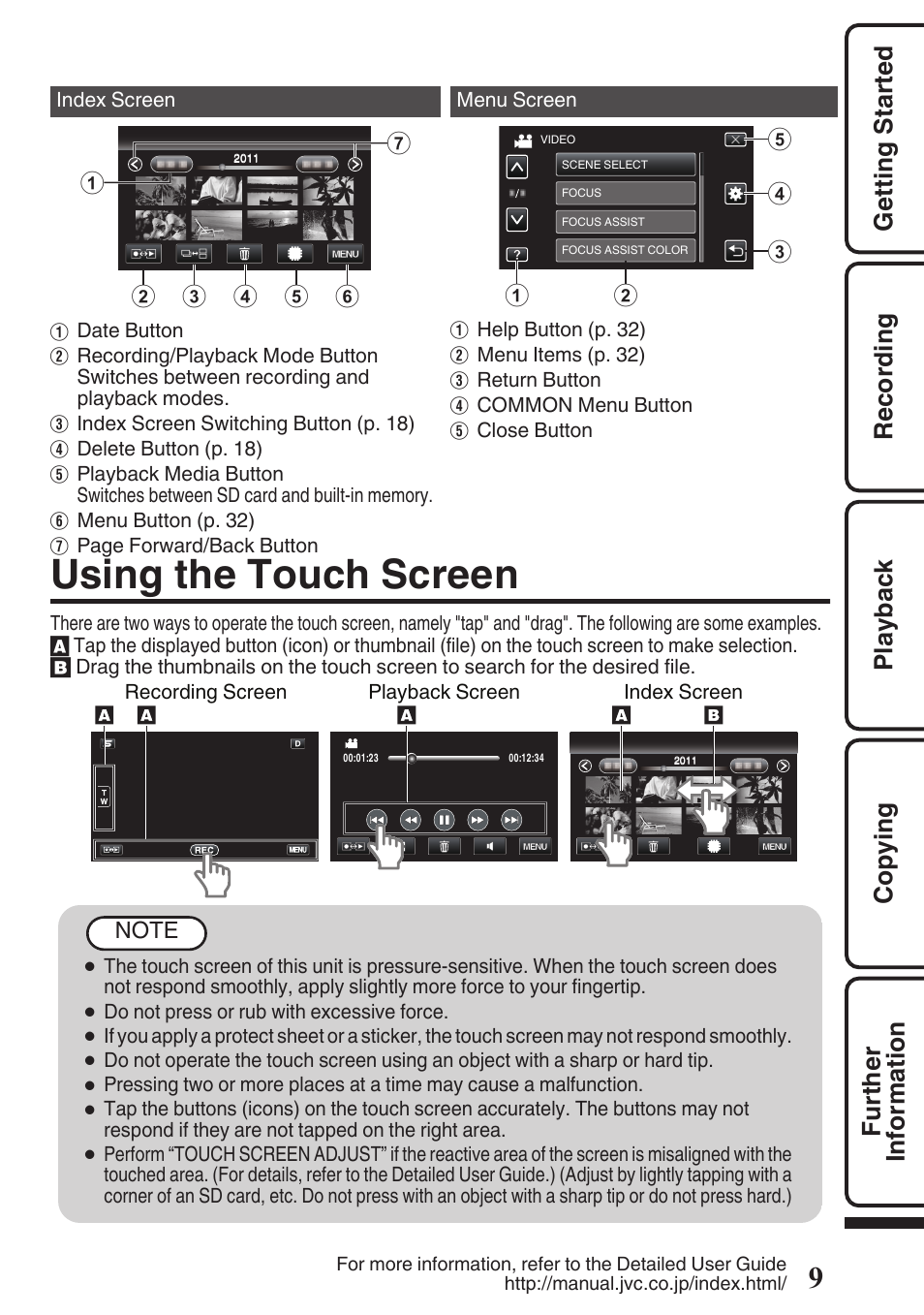 Using the touch screen, P. 9) | JVC EVERIO GZ-HM960U User Manual | Page 9 / 120