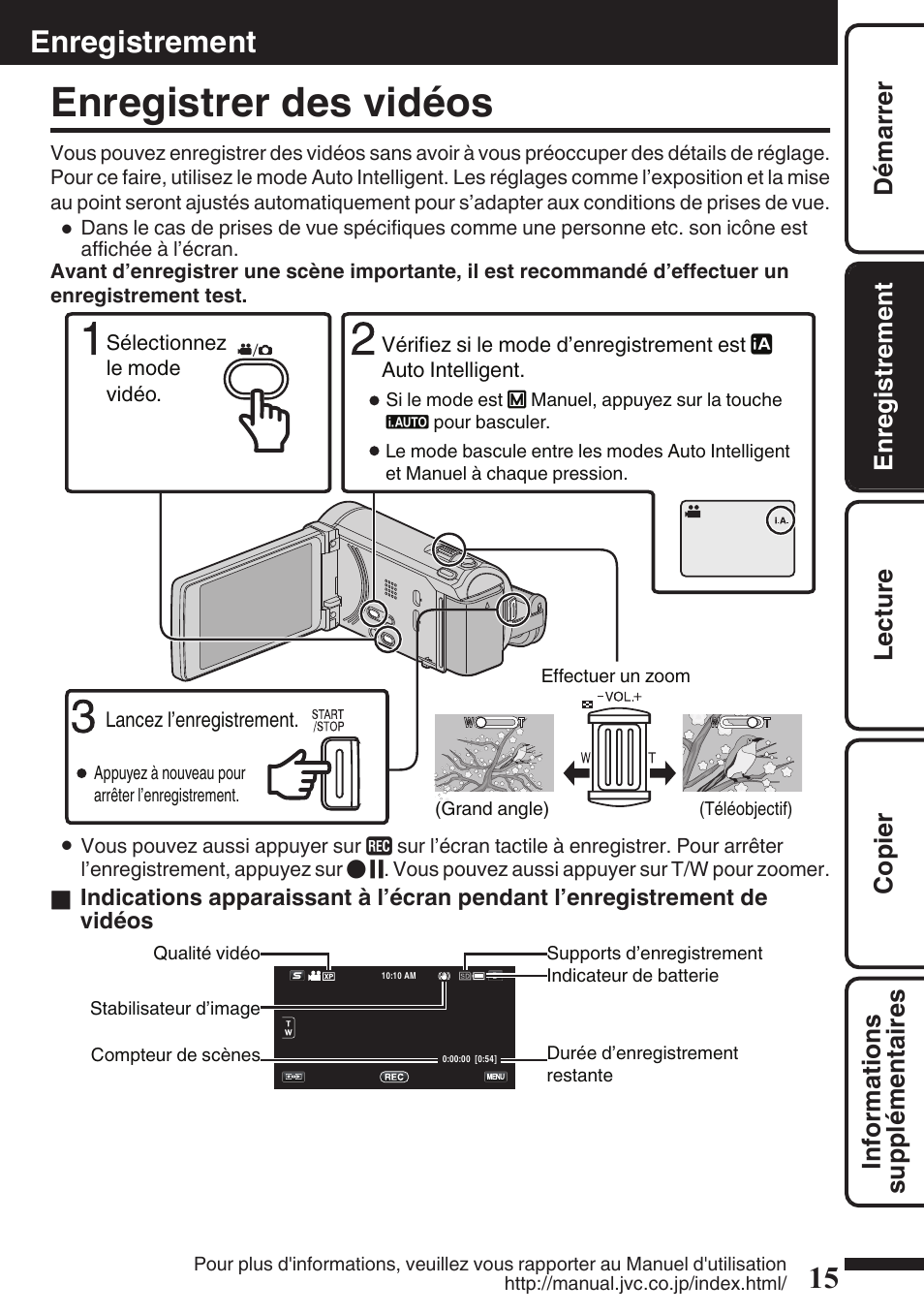 Enregistrement, Enregistrer des vidéos, P. 15 | Commande de zoom/volume (p. 15, Vidéos) (p. 15), P. 15, 17) | JVC EVERIO GZ-HM960U User Manual | Page 95 / 120