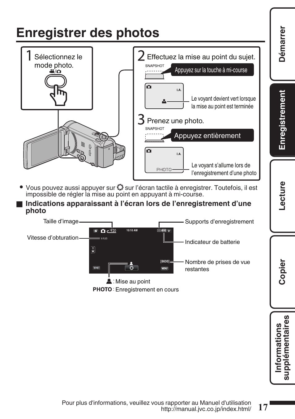 Enregistrer des photos, Photos) (p. 17) | JVC EVERIO GZ-HM960U User Manual | Page 97 / 120