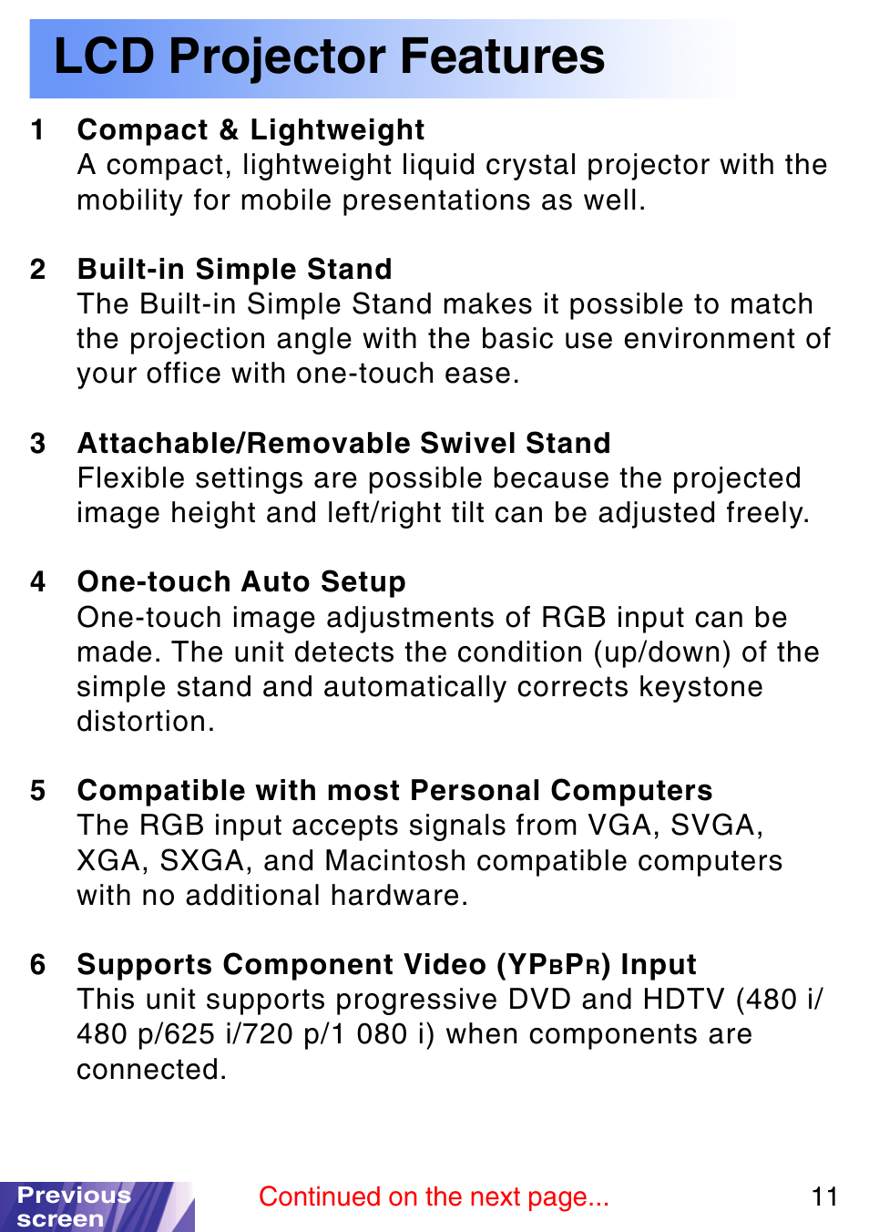 Lcd projector features | JVC LX-P1010ZE User Manual | Page 11 / 79