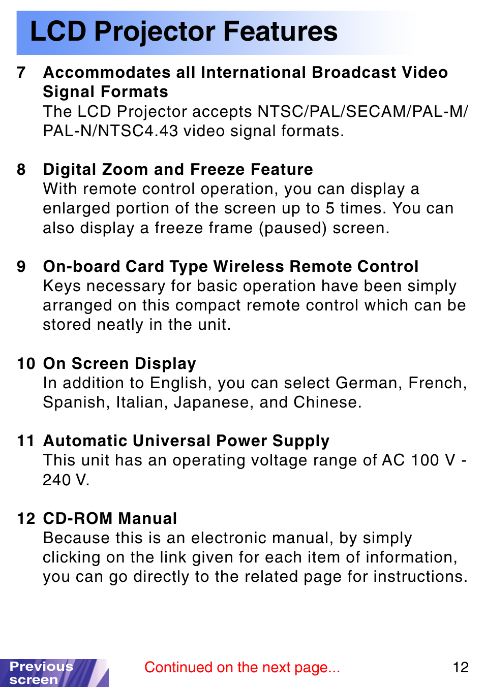 Lcd projector features | JVC LX-P1010ZE User Manual | Page 12 / 79