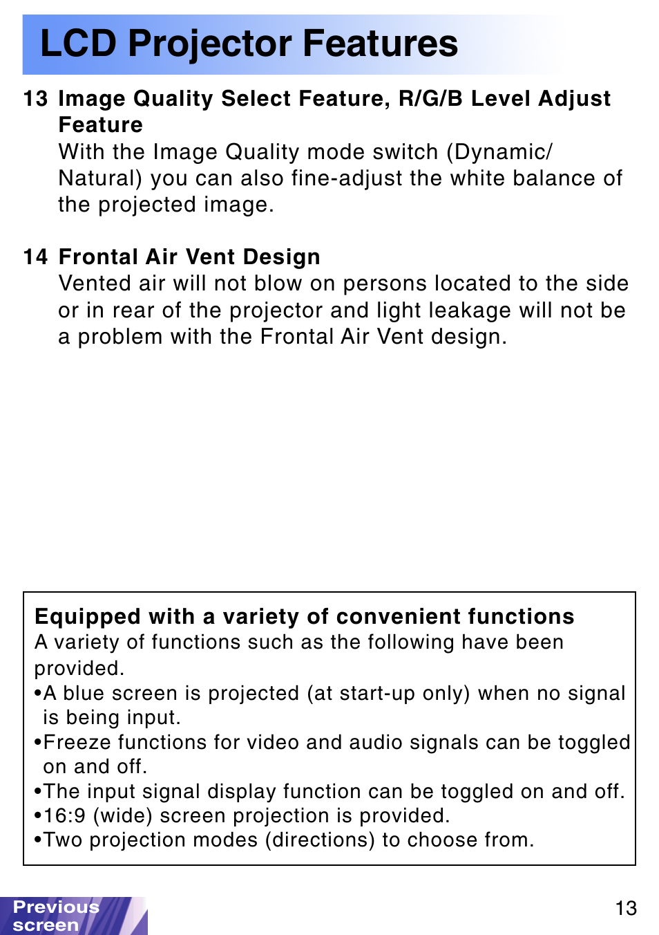 Equipped with a variety of convenient functions, Lcd projector features | JVC LX-P1010ZE User Manual | Page 13 / 79