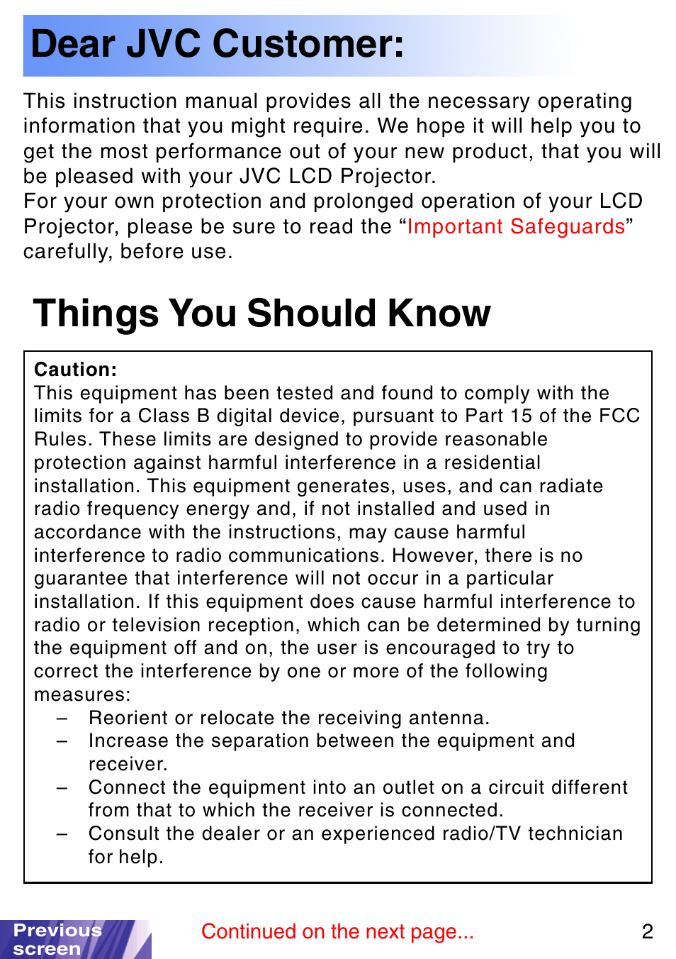 Dear jvc customer, Things you should know | JVC LX-P1010ZE User Manual | Page 2 / 79