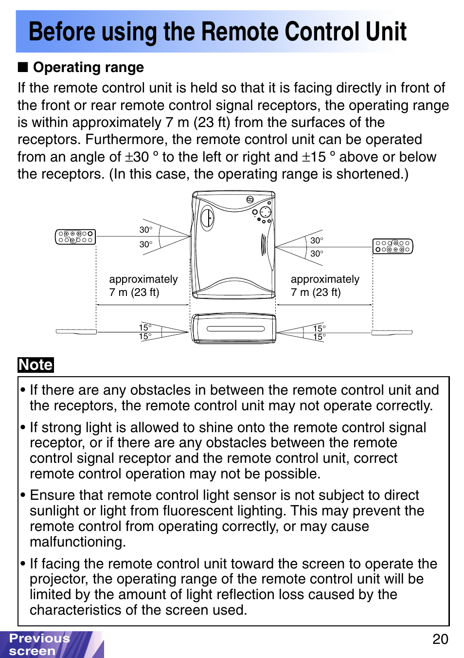 Operating range, Remote control sensor, Transmitter | Before using the remote control unit | JVC LX-P1010ZE User Manual | Page 20 / 79
