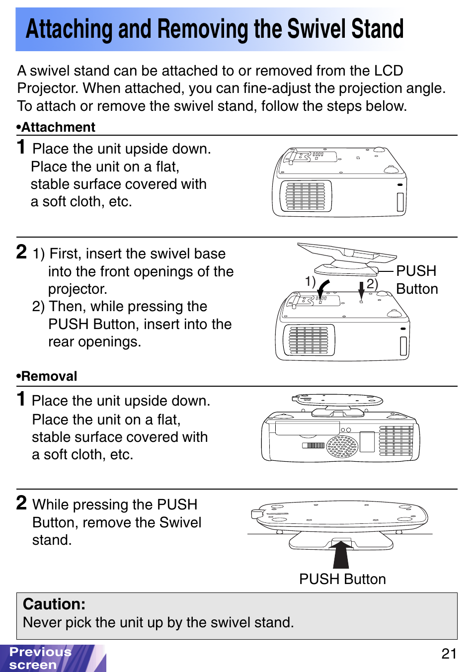 Attaching and removing the swivel stand, Hole for swivel stand installation | JVC LX-P1010ZE User Manual | Page 21 / 79