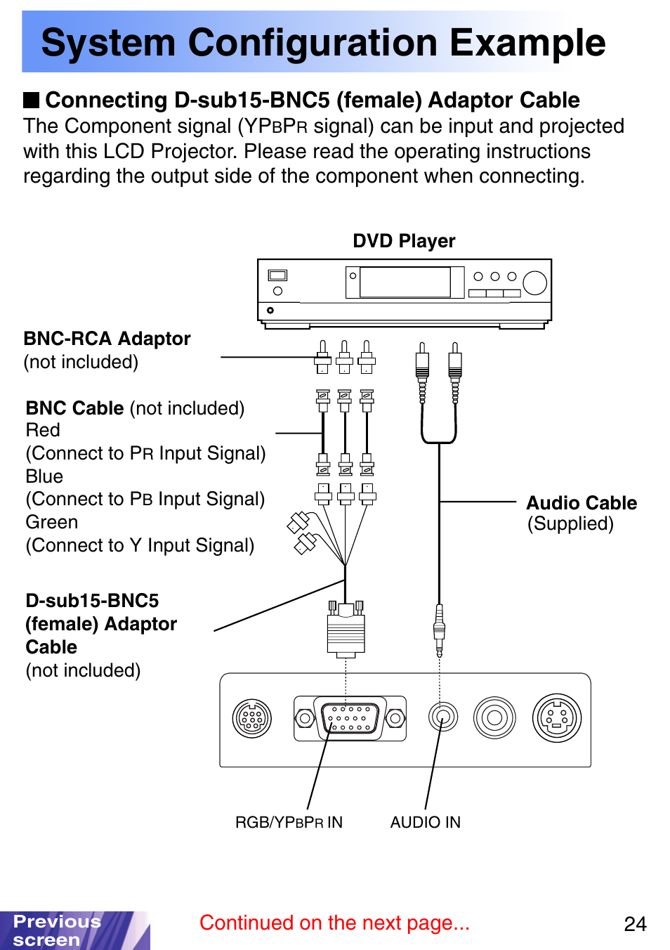 Connecting d-sub15-bnc5 (female) adaptor cable, System configuration example | JVC LX-P1010ZE User Manual | Page 24 / 79