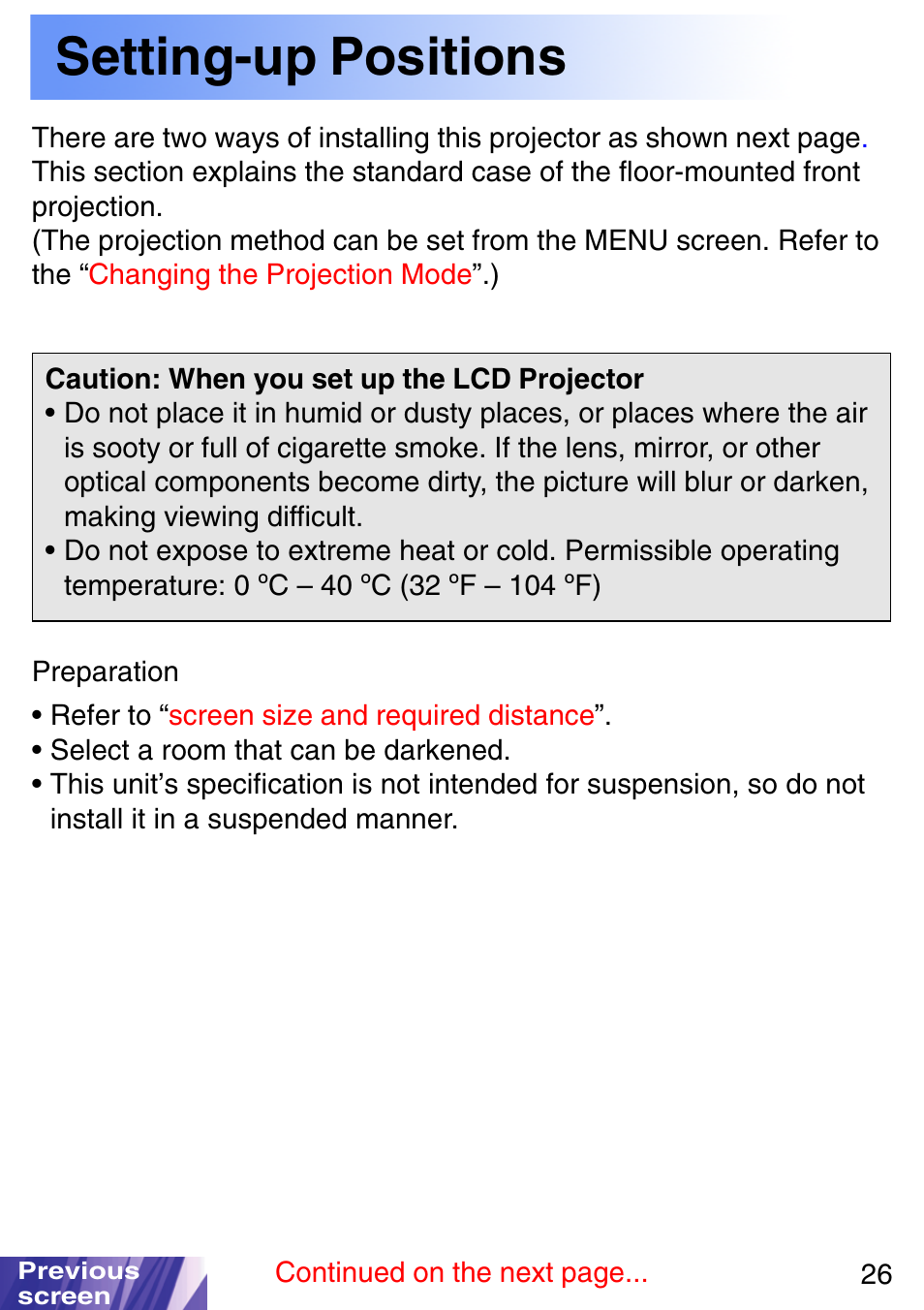 Setting-up positions | JVC LX-P1010ZE User Manual | Page 26 / 79