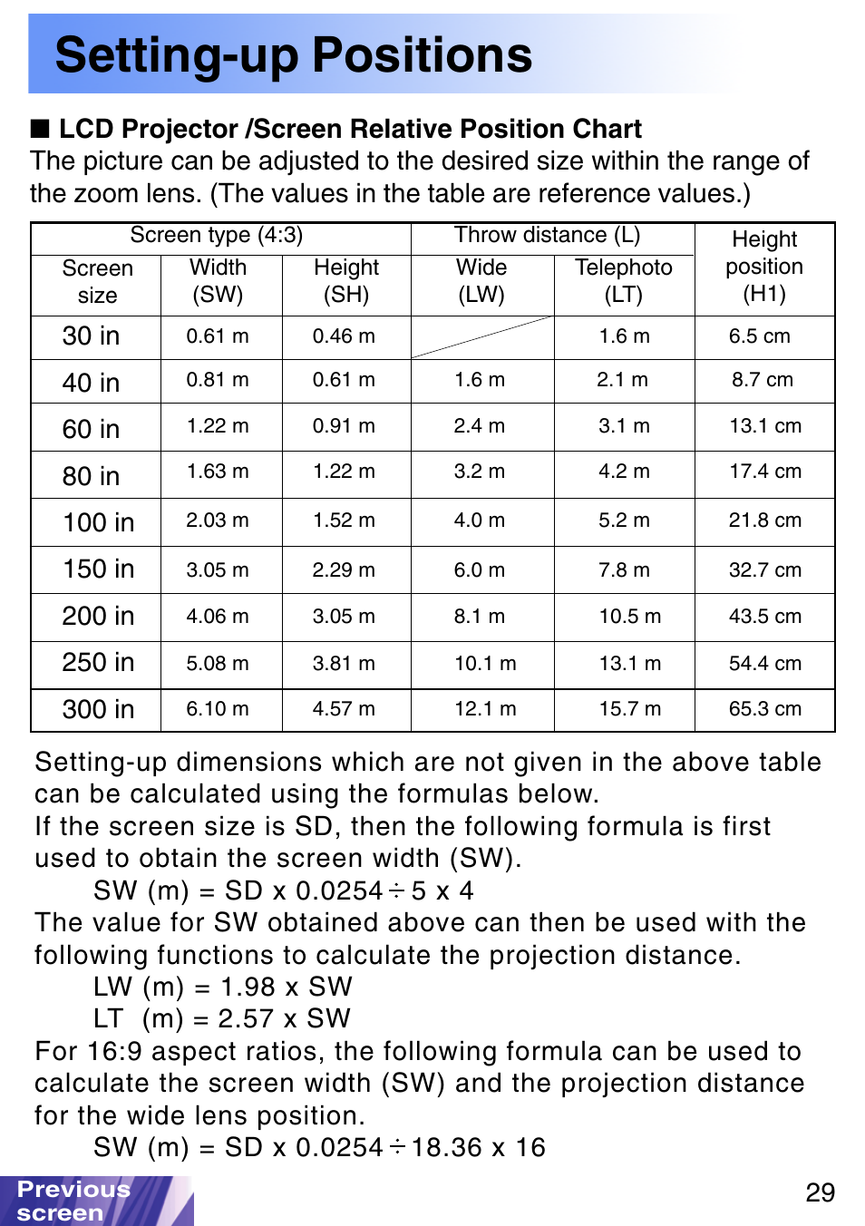 Lcd projector /screen relative position chart, Setting-up positions | JVC LX-P1010ZE User Manual | Page 29 / 79