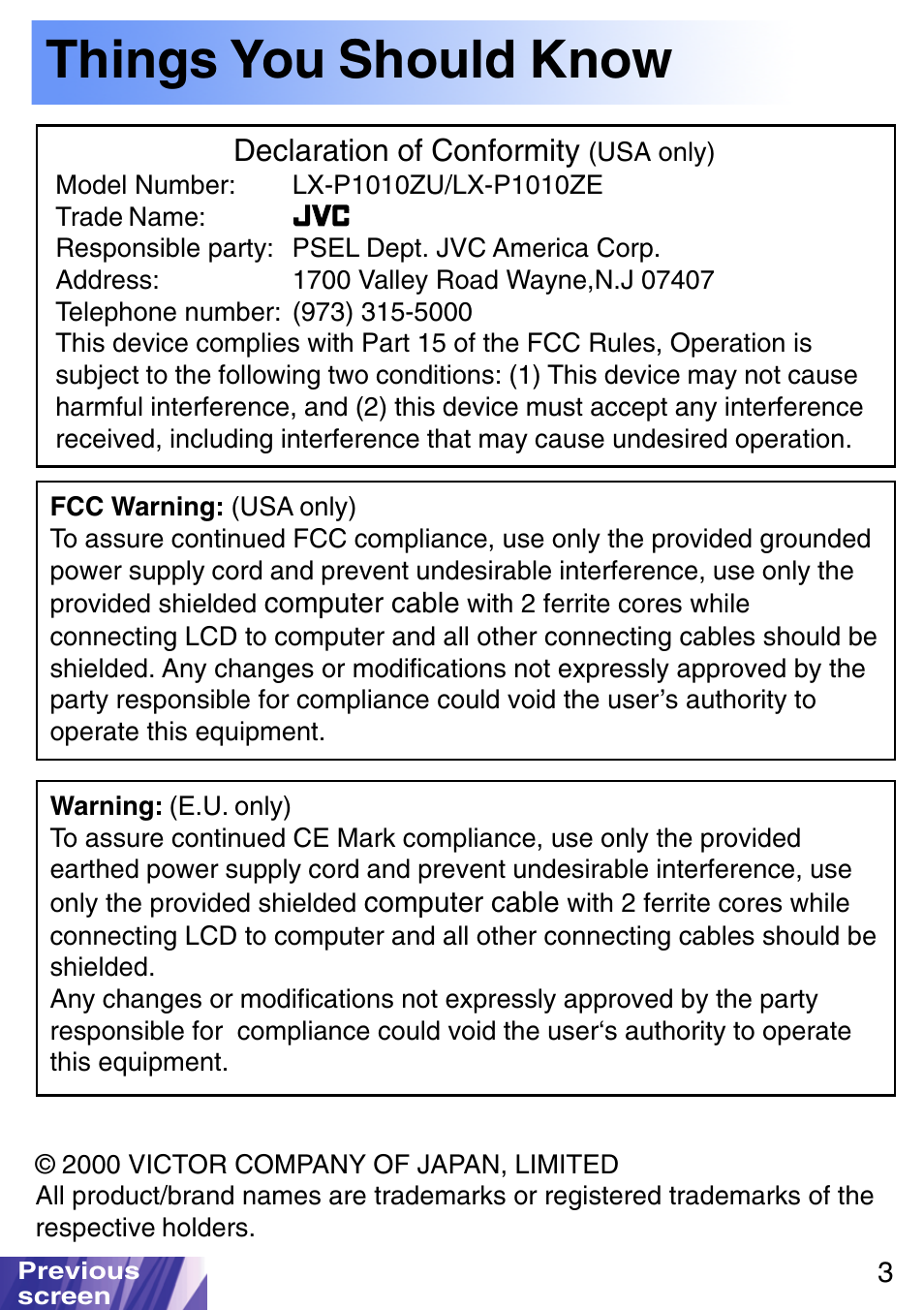 Things you should know | JVC LX-P1010ZE User Manual | Page 3 / 79