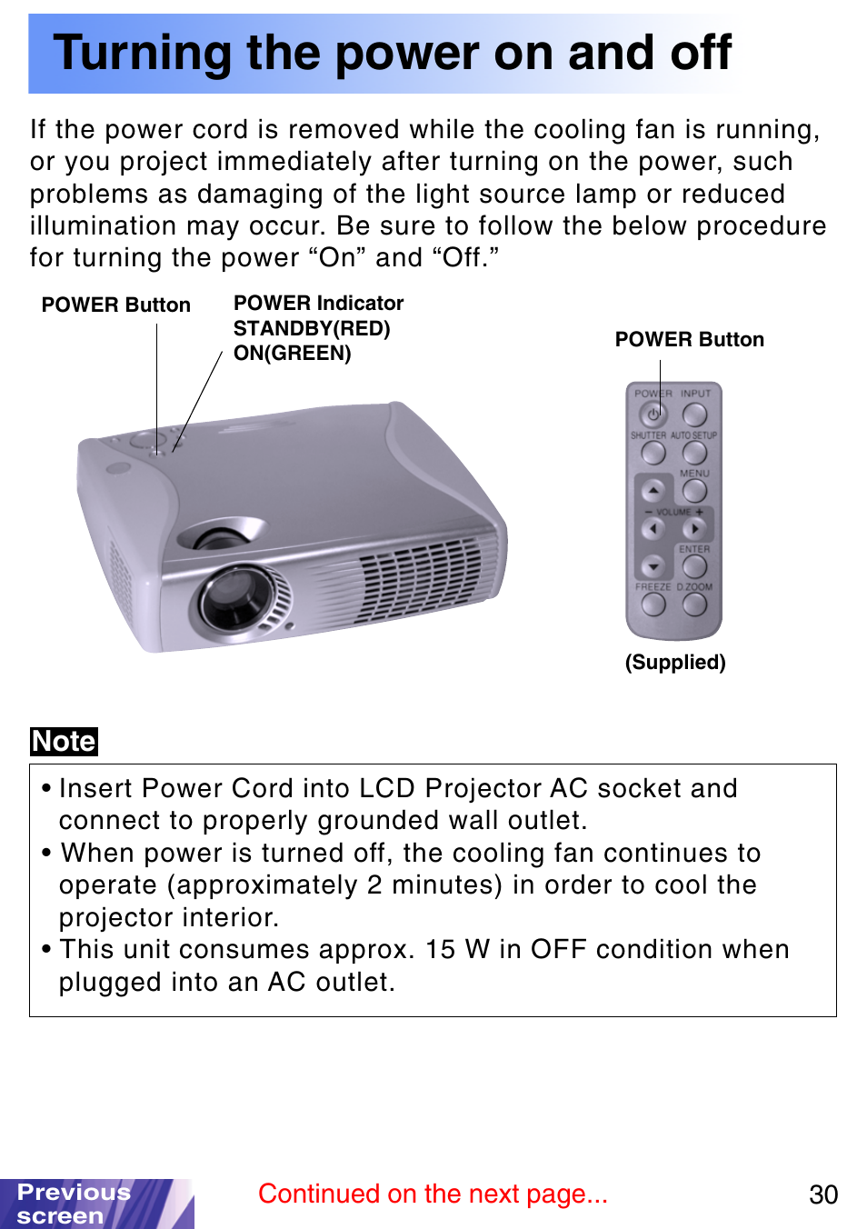 Turning the power on and off, Ac socket, Power button | Power indicator standby(red) on(green) | JVC LX-P1010ZE User Manual | Page 30 / 79
