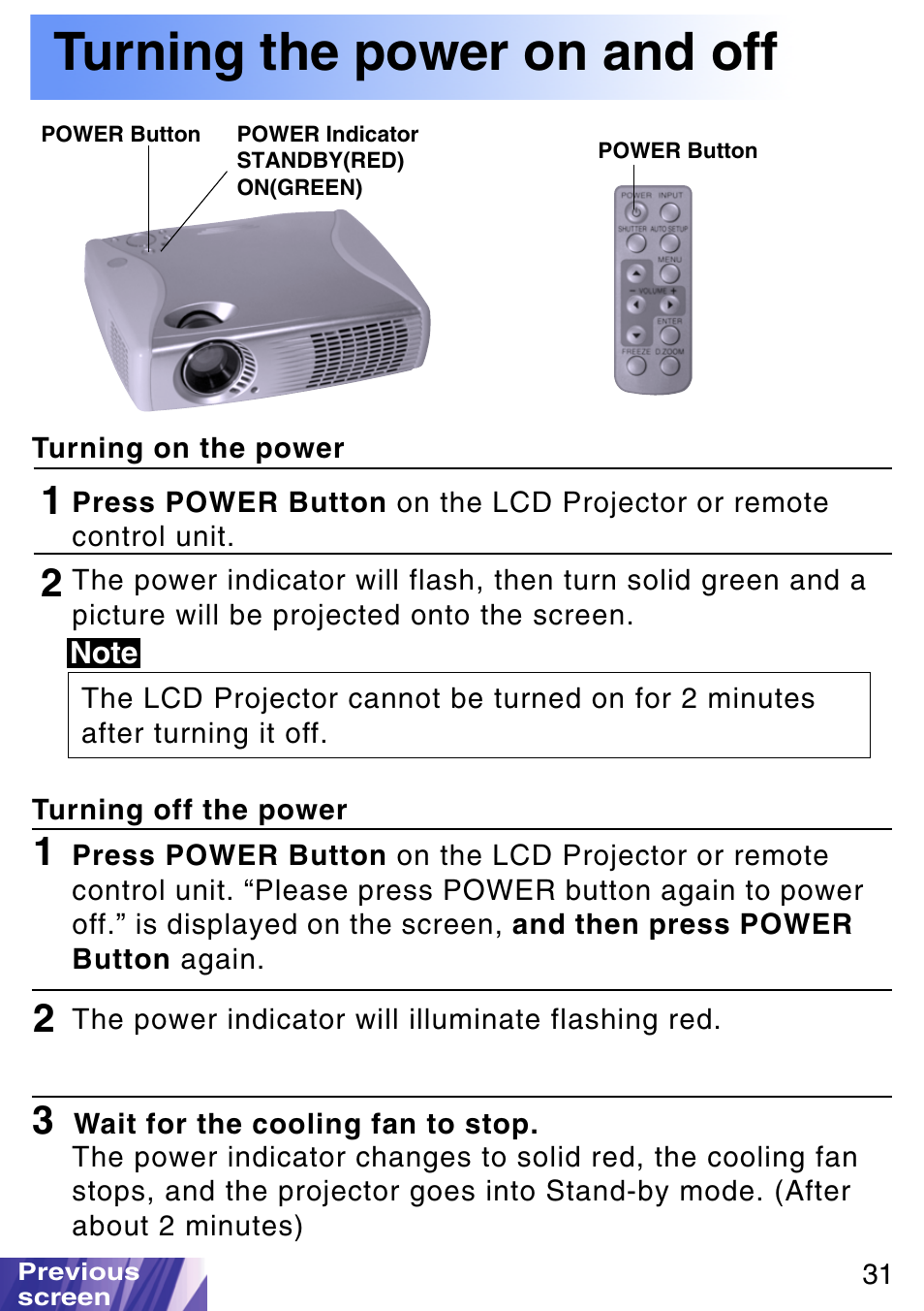 Turning the power on and off | JVC LX-P1010ZE User Manual | Page 31 / 79