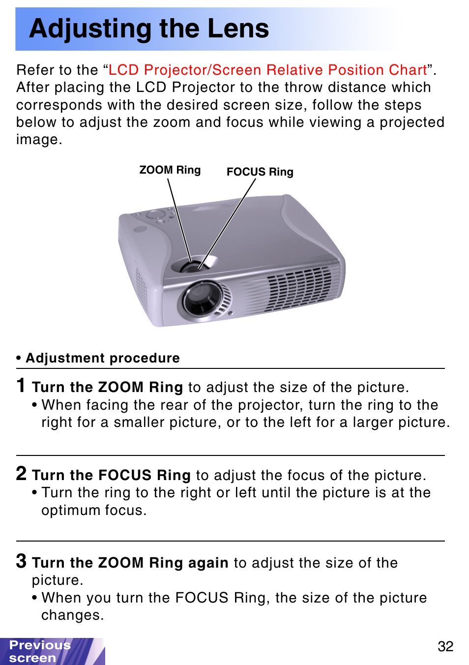 Adjusting the lens, Zoom ring, Focus ring | JVC LX-P1010ZE User Manual | Page 32 / 79