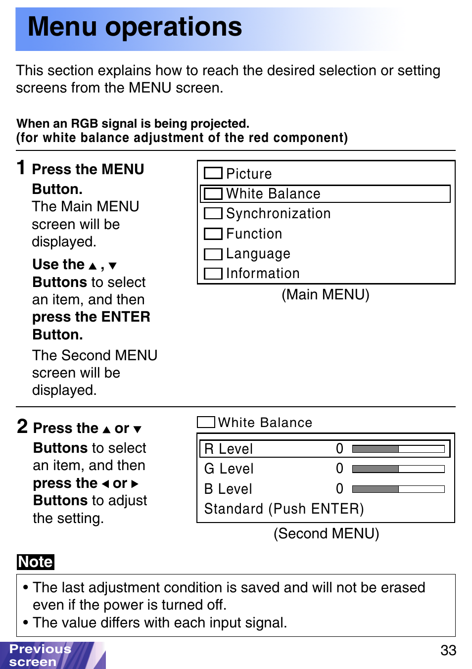 Menu operations, Adjust, Buttons | Enter button, Menu button | JVC LX-P1010ZE User Manual | Page 33 / 79