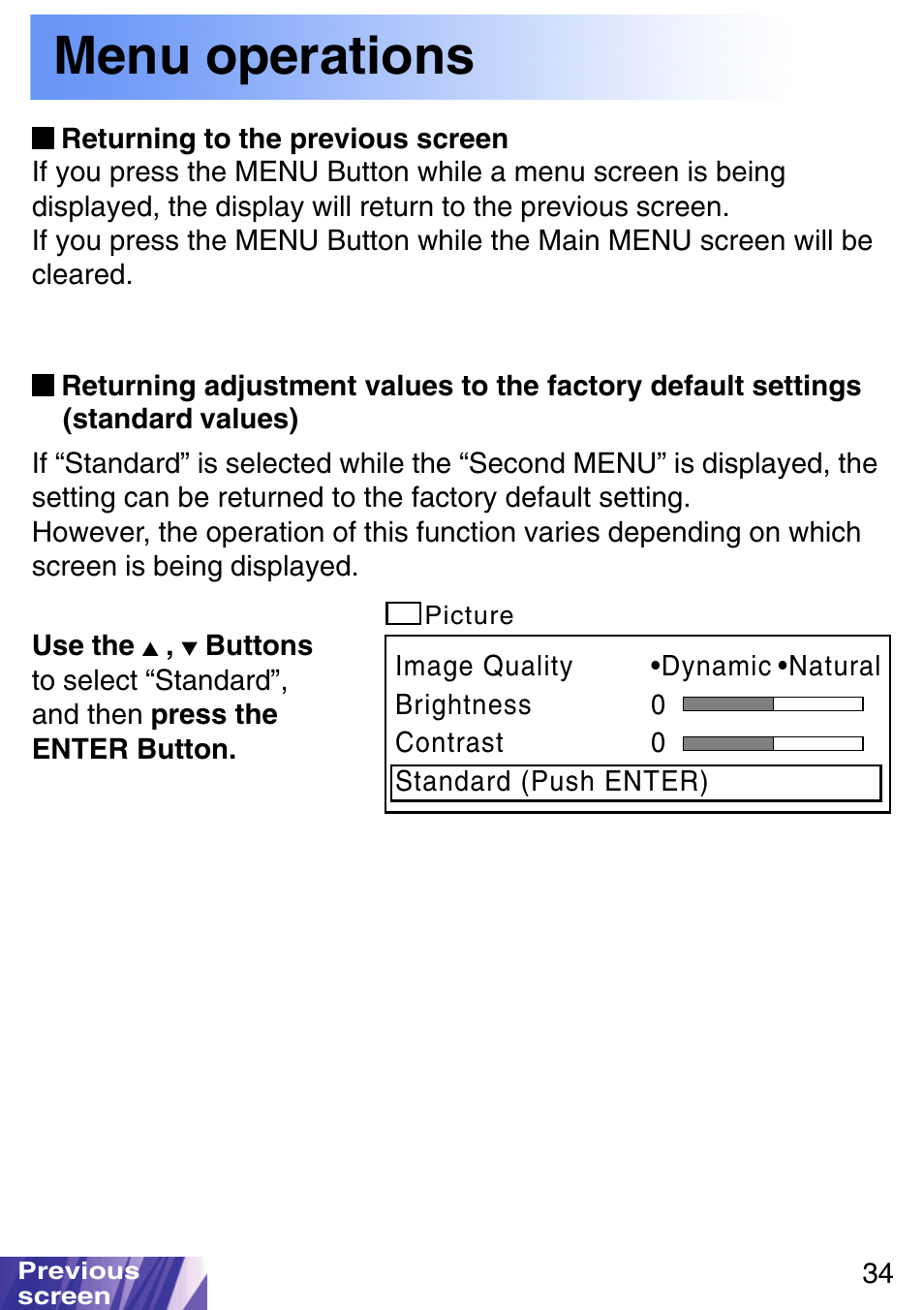 Returning to the previous screen, Menu operations | JVC LX-P1010ZE User Manual | Page 34 / 79