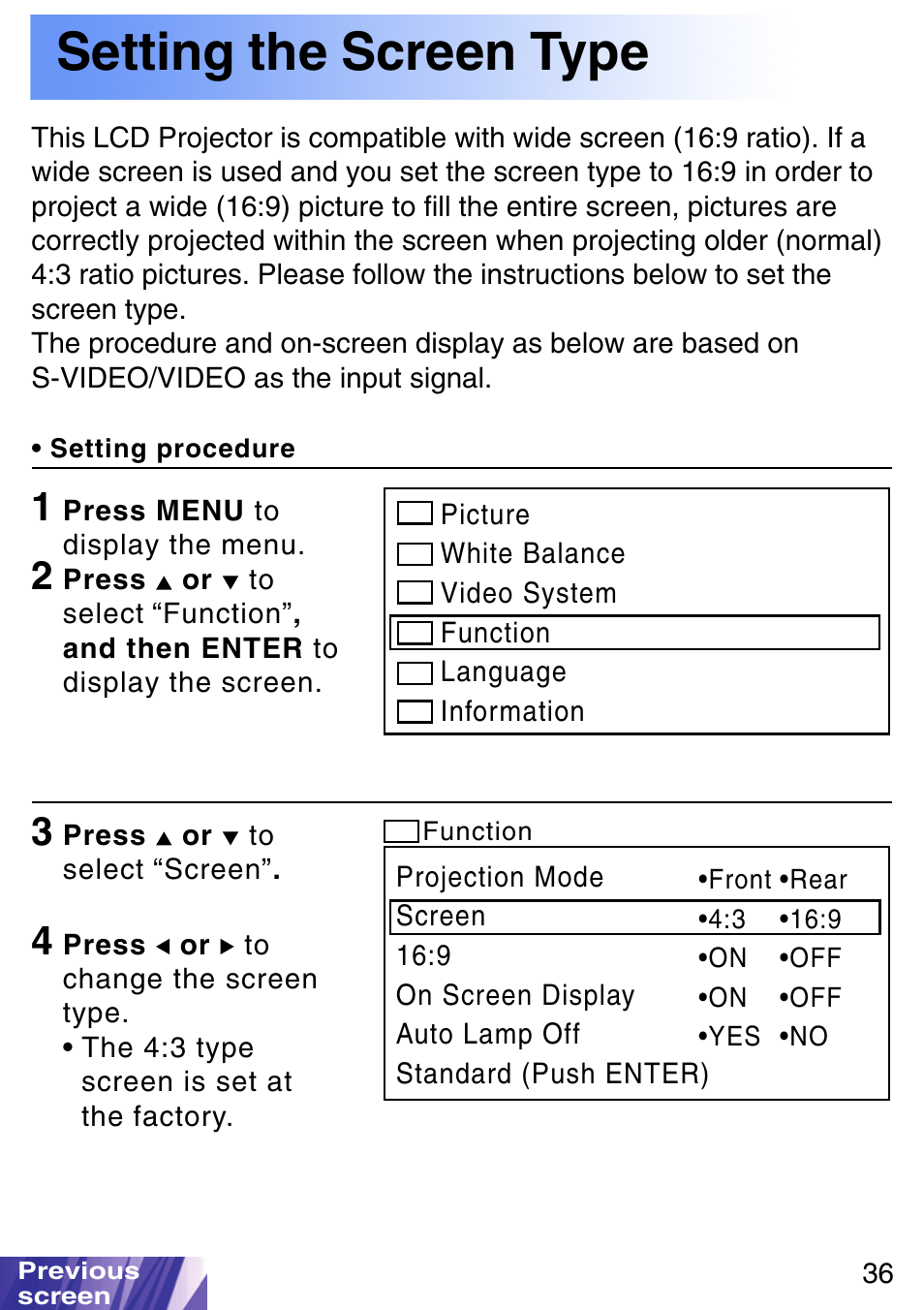Setting the screen type | JVC LX-P1010ZE User Manual | Page 36 / 79