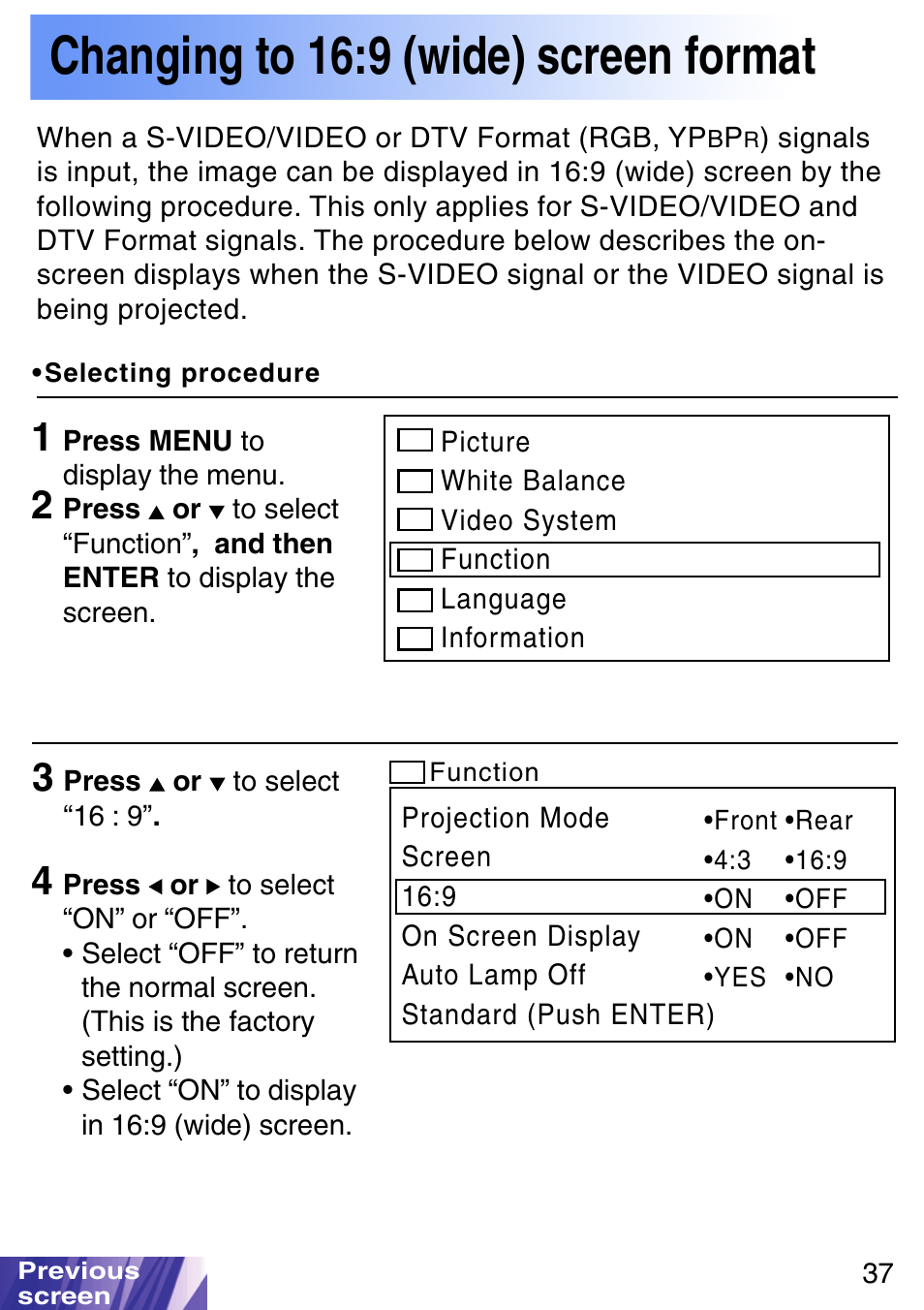 Changing to 16:9 (wide) screen format | JVC LX-P1010ZE User Manual | Page 37 / 79