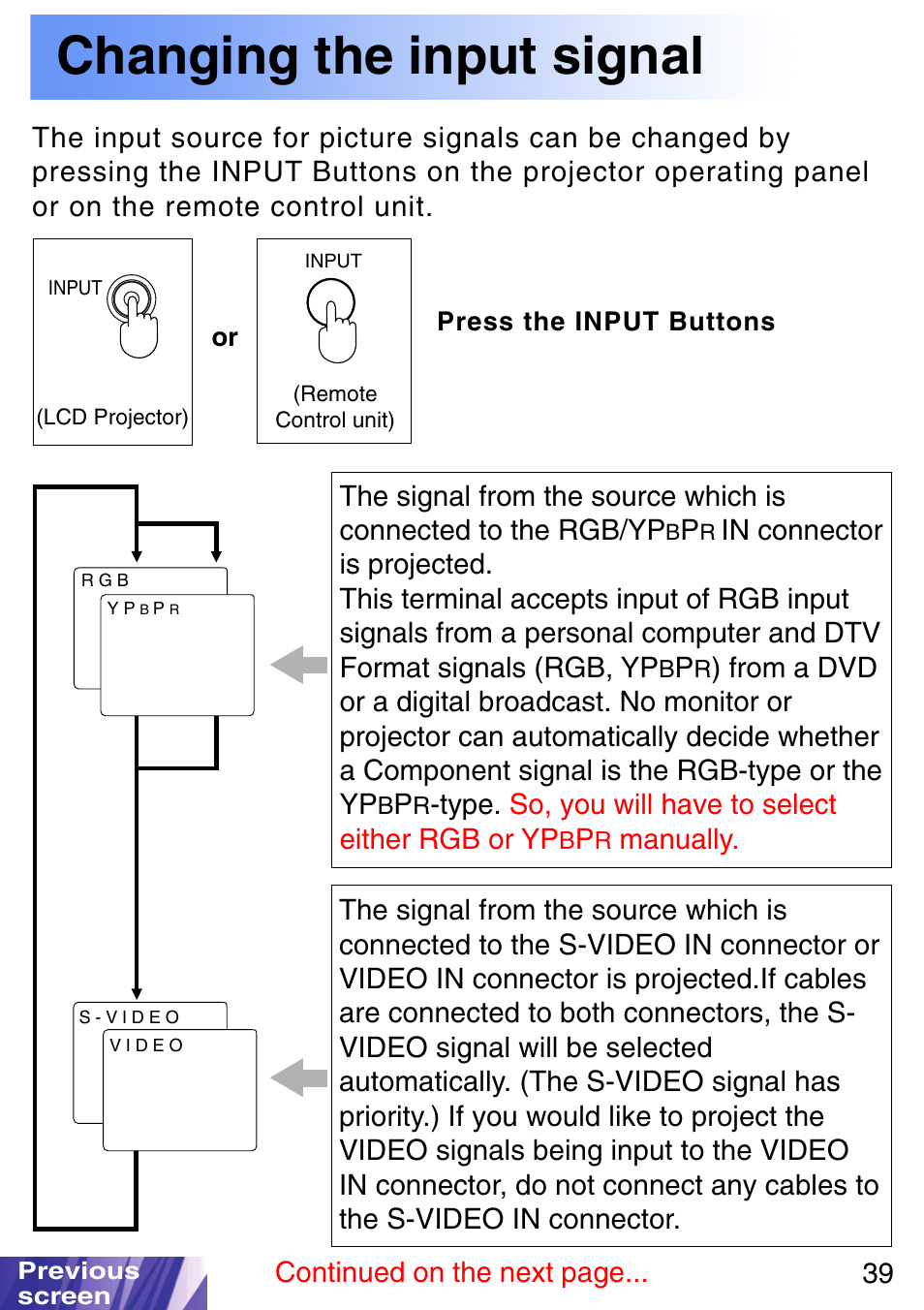 Changing the input signal, Input button, Type. so, you will have to select either rgb or yp | Manually, Continued on the next page | JVC LX-P1010ZE User Manual | Page 39 / 79