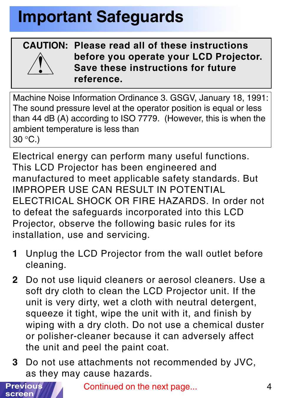 Important safeguards, Please be sure to read the | JVC LX-P1010ZE User Manual | Page 4 / 79