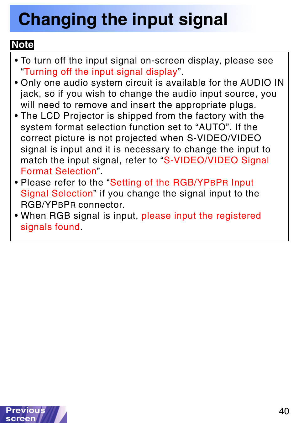 Changing the input signal | JVC LX-P1010ZE User Manual | Page 40 / 79