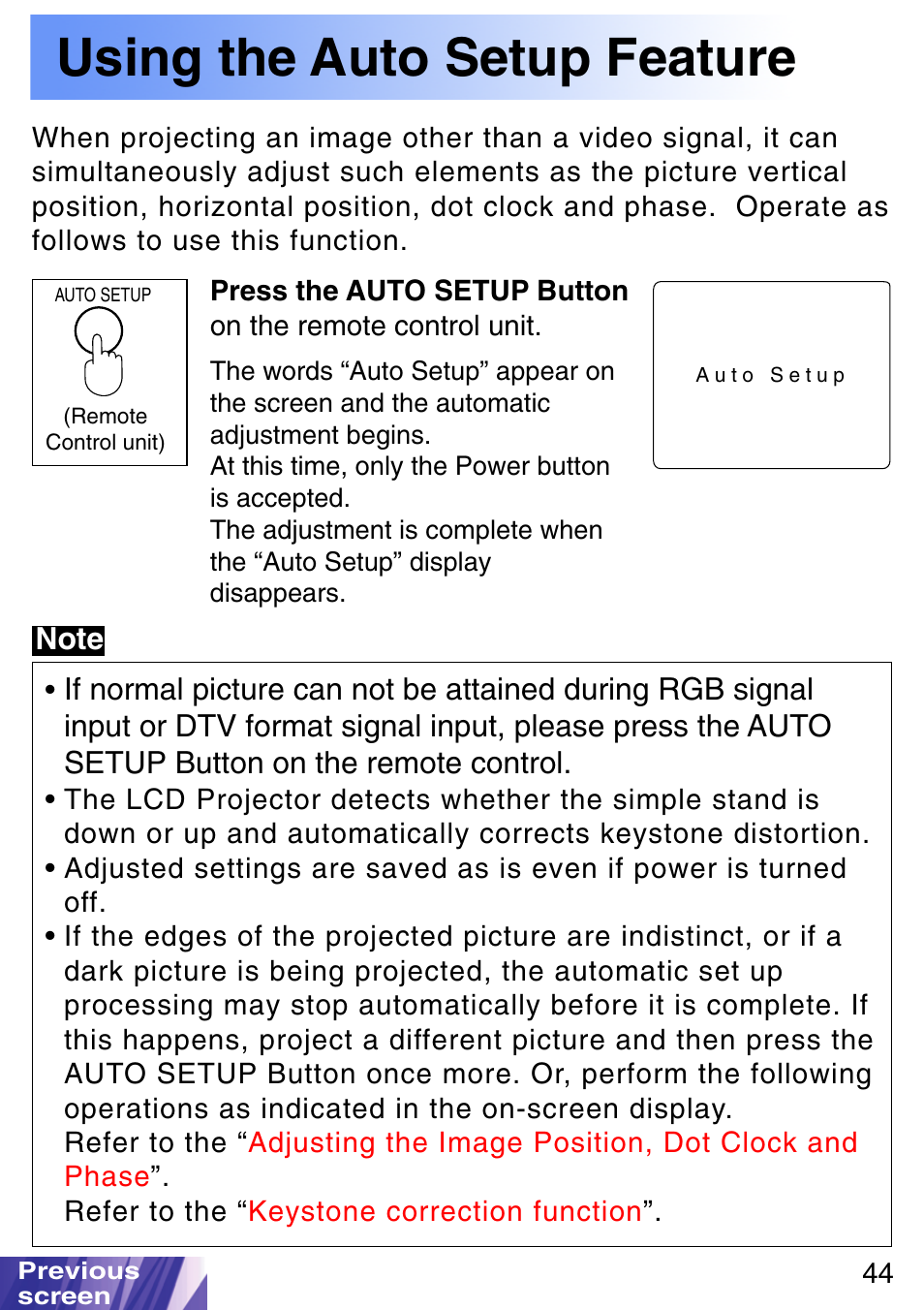 Using the auto setup feature, Auto setup button | JVC LX-P1010ZE User Manual | Page 44 / 79