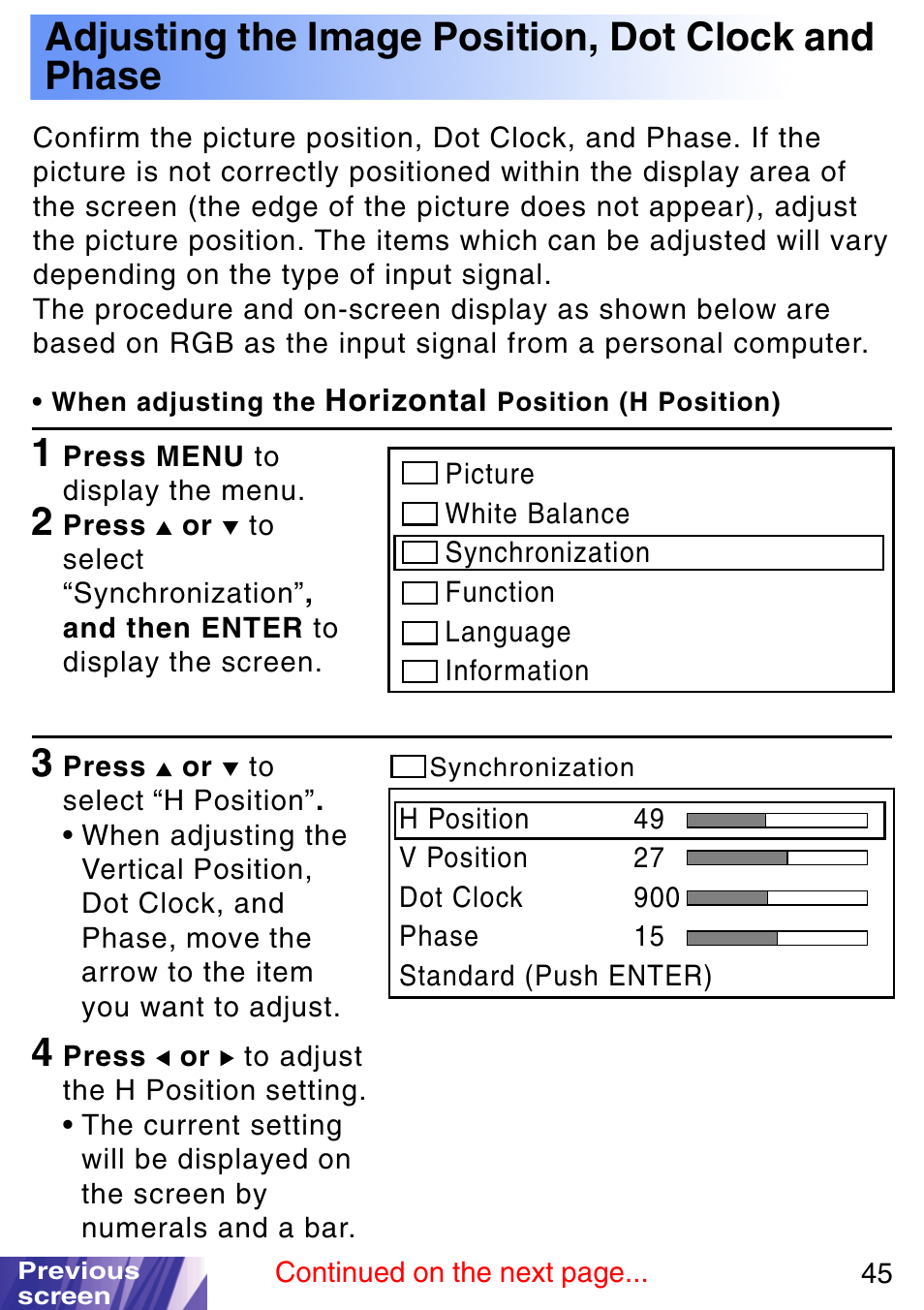 Adjusting the image position, dot clock and phase, Adjusting the image position, dot clock and, Phase | JVC LX-P1010ZE User Manual | Page 45 / 79