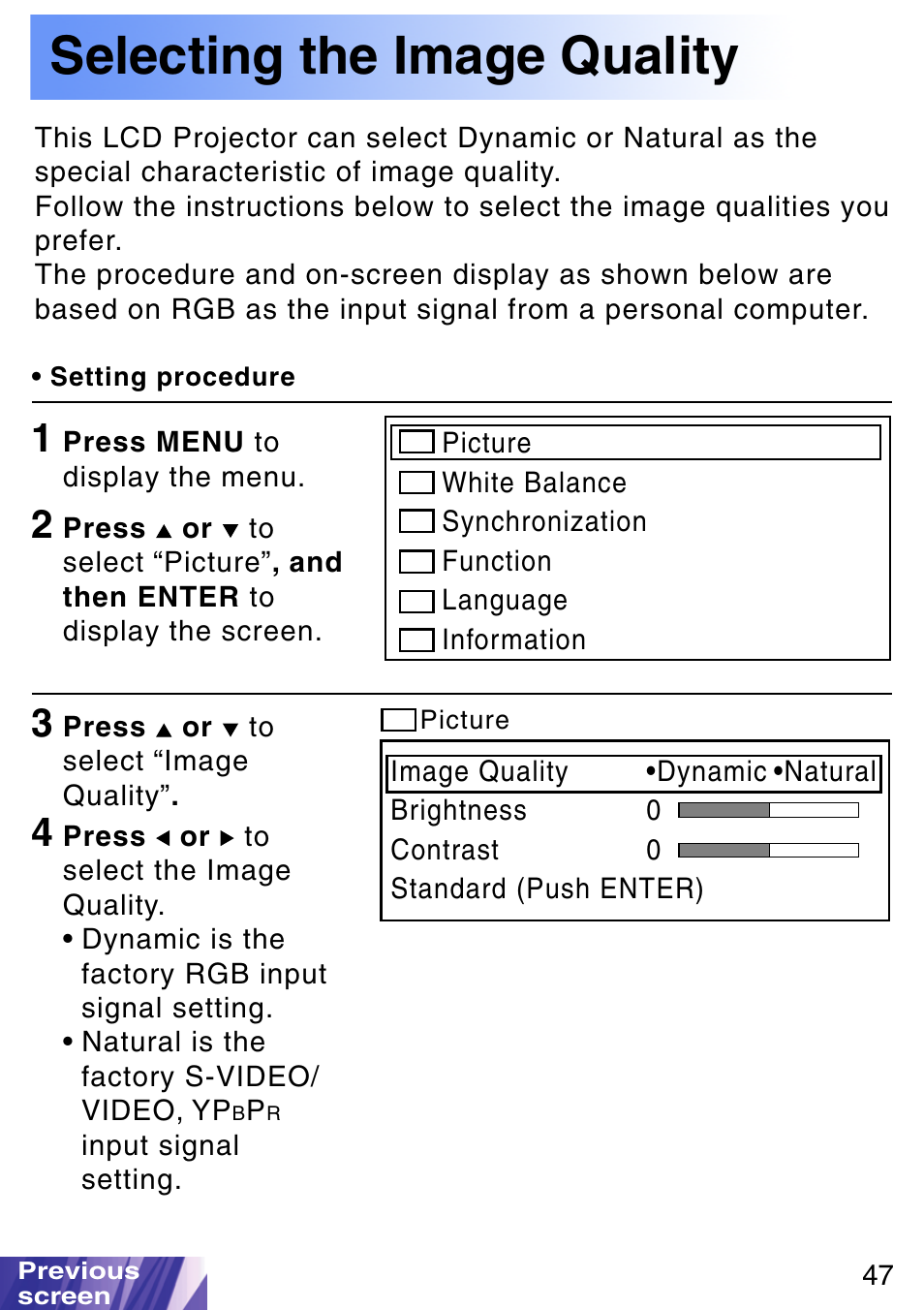 Selecting the image quality | JVC LX-P1010ZE User Manual | Page 47 / 79