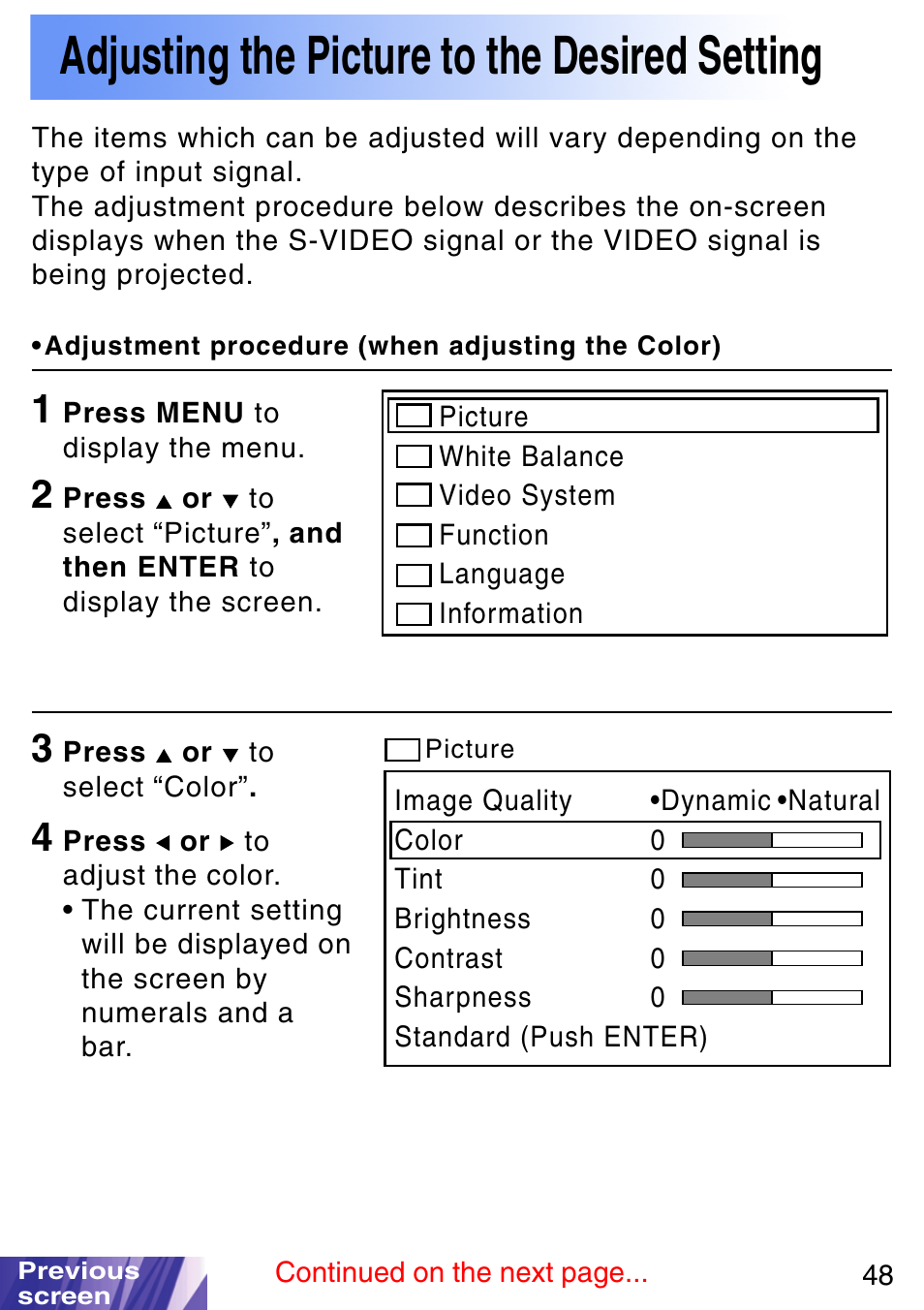 Adjusting the picture to the desired setting | JVC LX-P1010ZE User Manual | Page 48 / 79