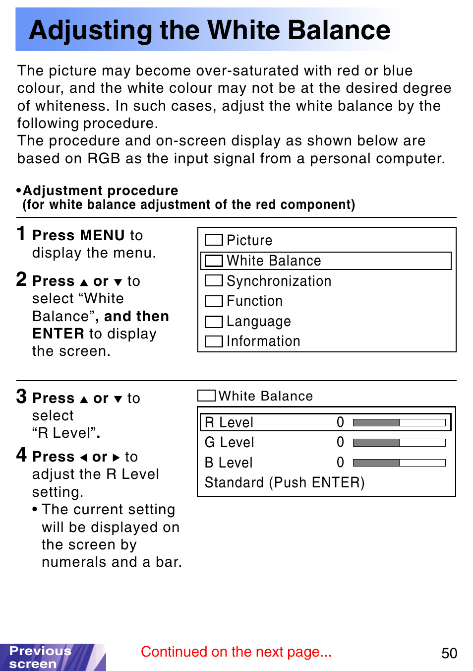 Adjusting the white balance | JVC LX-P1010ZE User Manual | Page 50 / 79