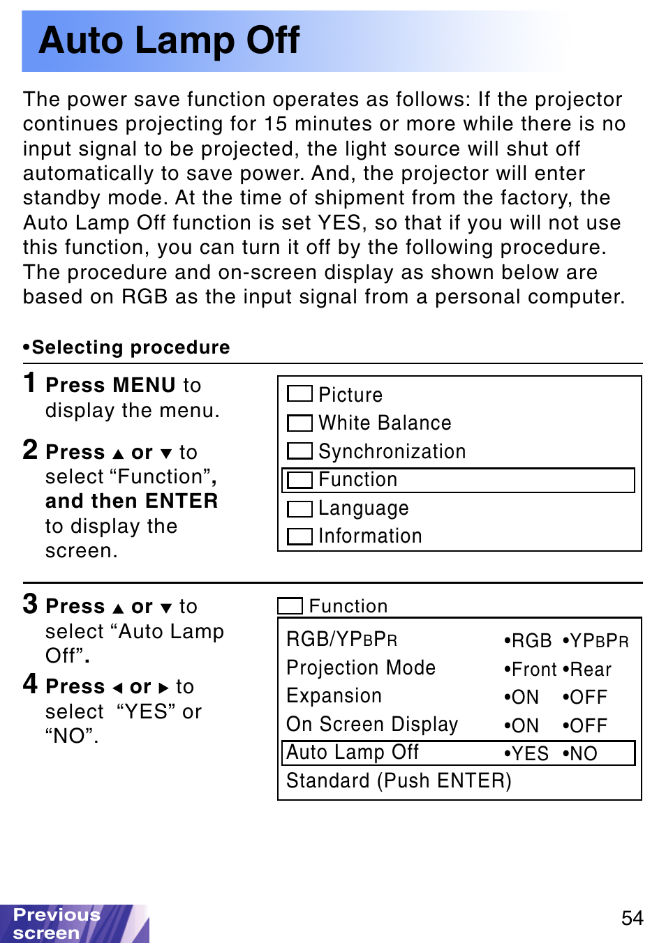 Auto lamp off | JVC LX-P1010ZE User Manual | Page 54 / 79
