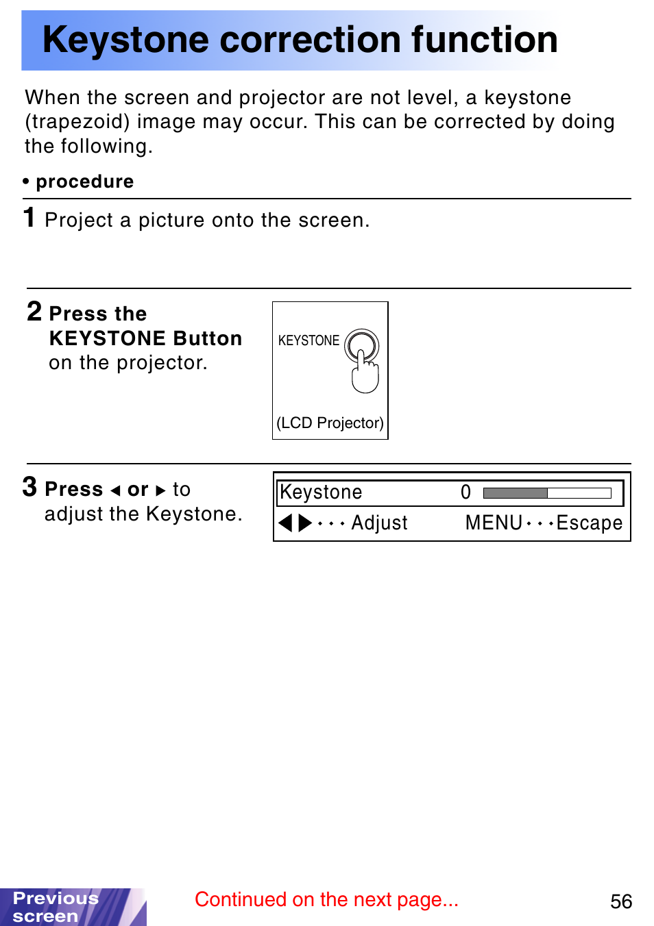 Keystone correction function, Keystone button | JVC LX-P1010ZE User Manual | Page 56 / 79